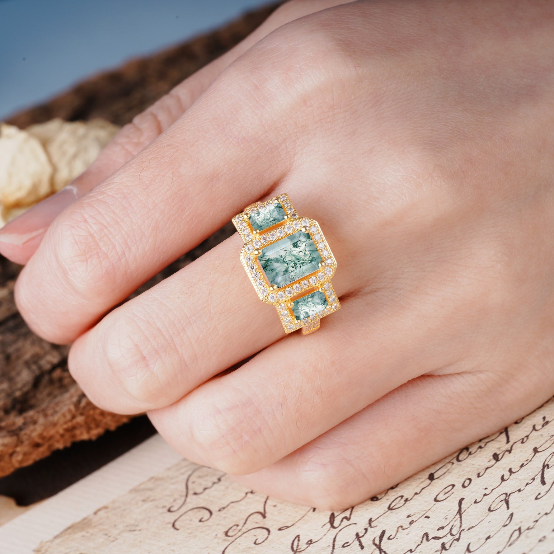 Luxury 4 Prong Emerald CutMoss Agate Side Stone Engagement Ring - Additional view