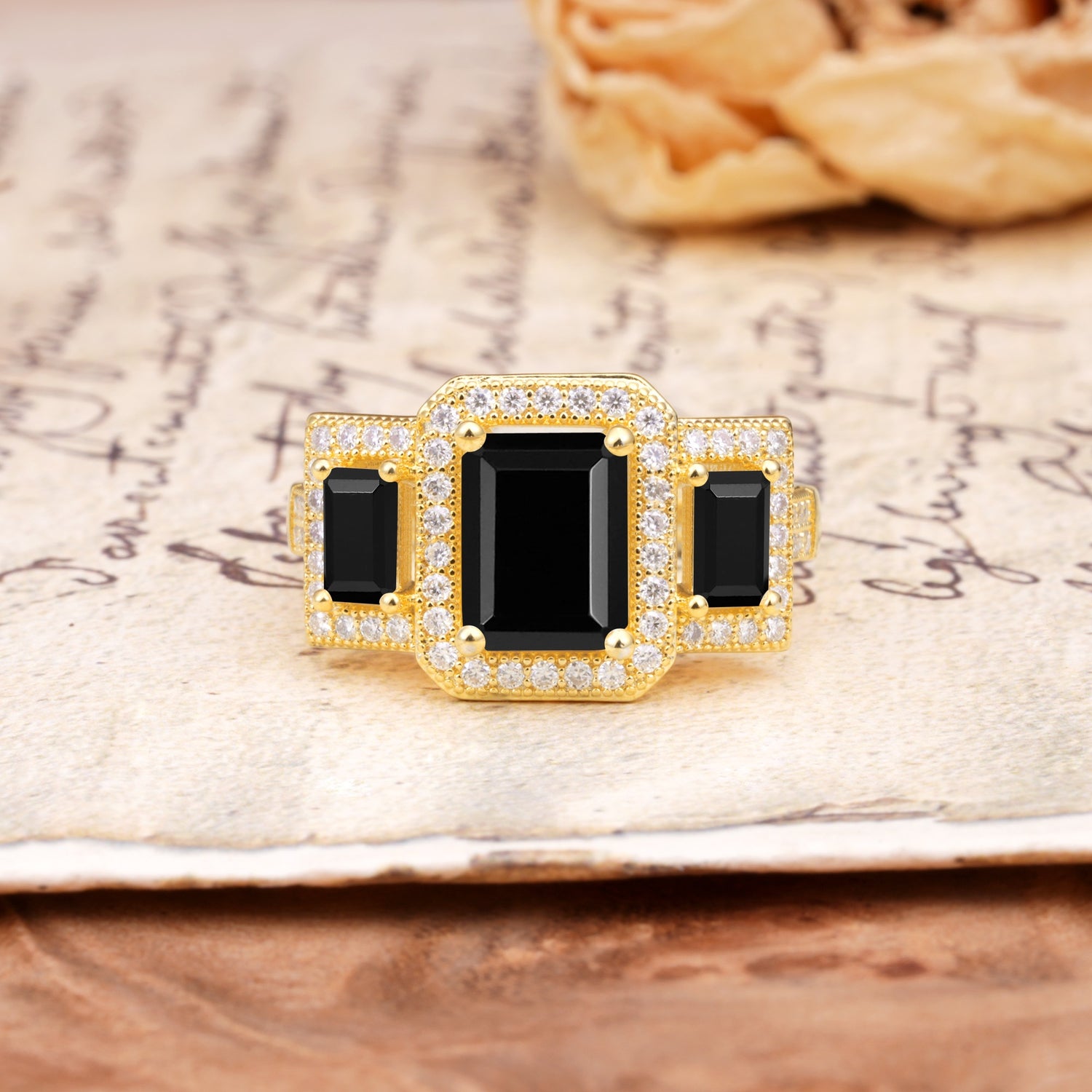 Luxury 4 Prong Emerald CutBlack Onyx Side Stone Engagement Ring - Additional view