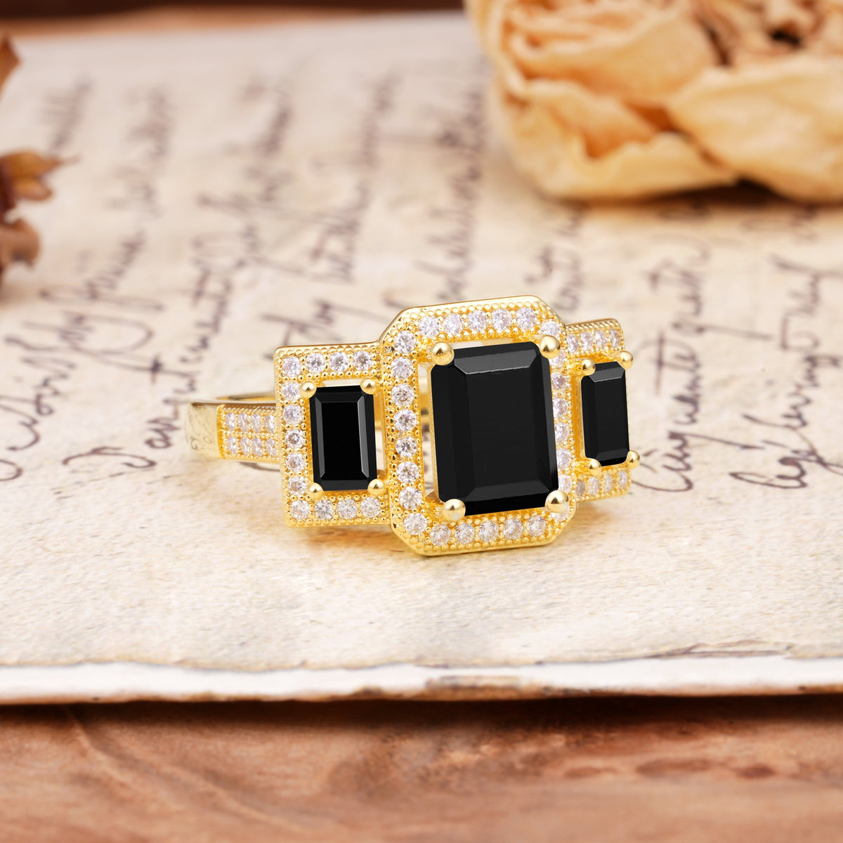 Luxury 4 Prong Emerald CutBlack Onyx Side Stone Engagement Ring - Additional view