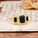 Luxury 4 Prong Emerald CutBlack Onyx Side Stone Engagement Ring - Additional view