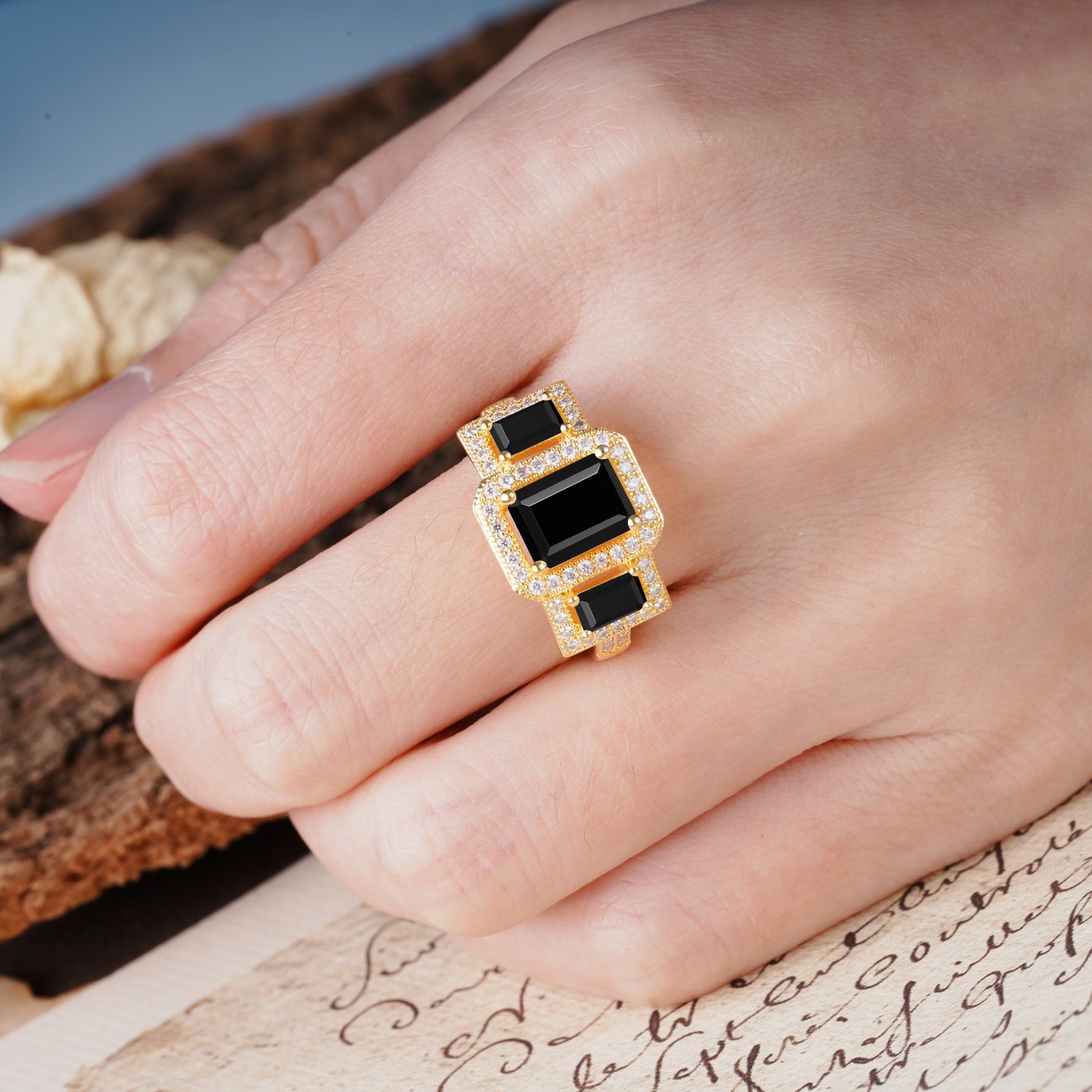 Luxury 4 Prong Emerald CutBlack Onyx Side Stone Engagement Ring - Additional view