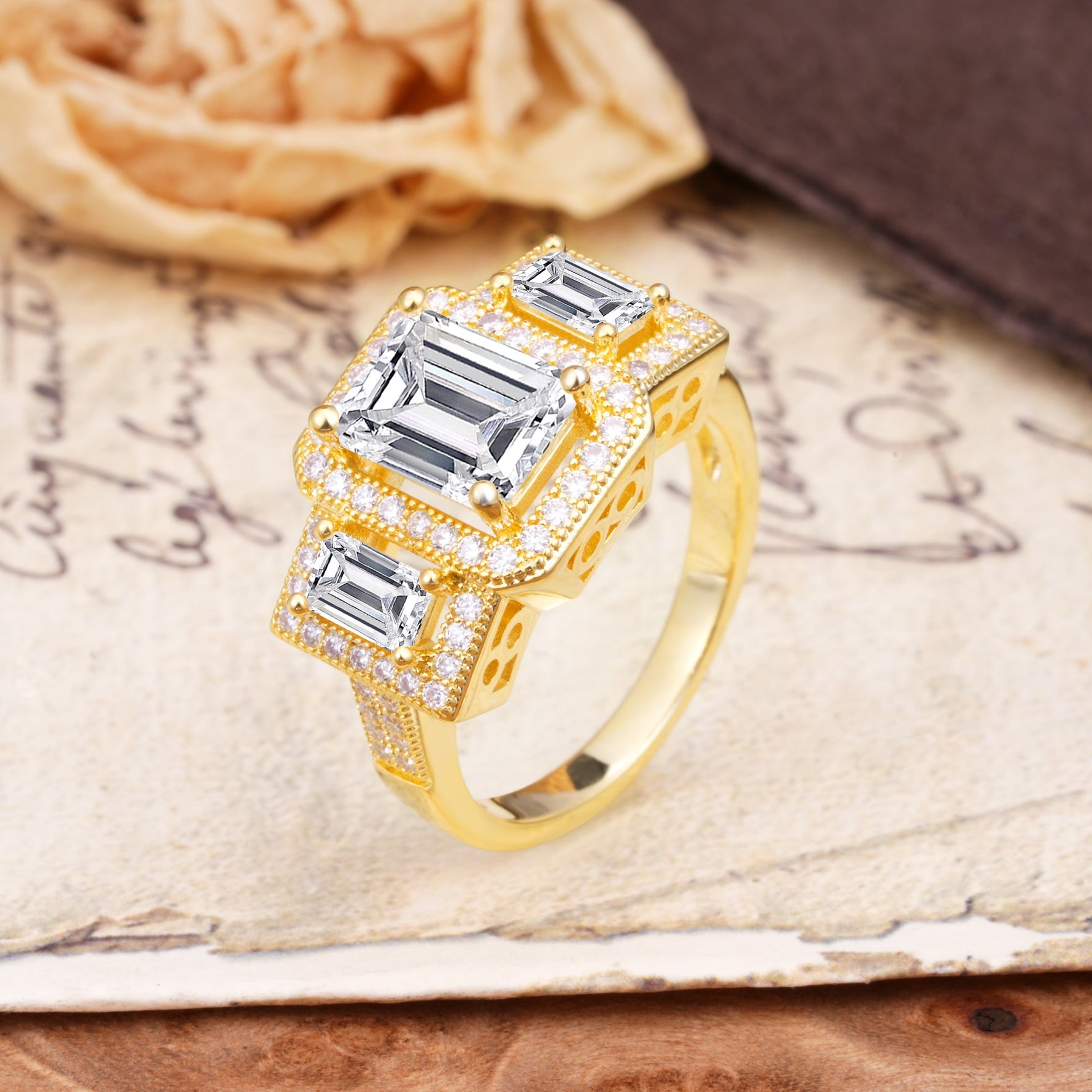 Luxury 4 Prong Emerald CutLab Diamond Side Stone Engagement Ring - Additional view