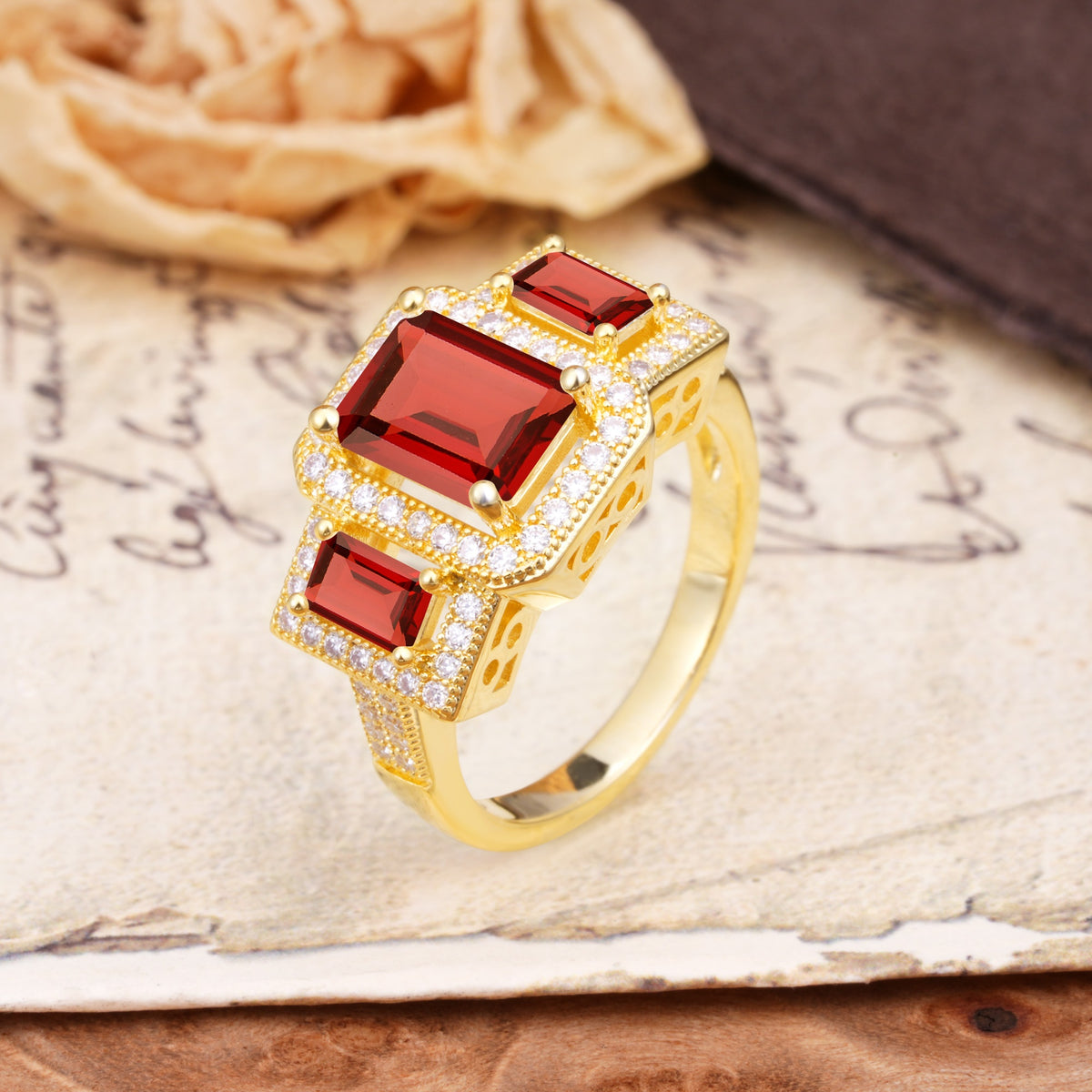 Luxury 4 Prong Emerald CutGarnet Side Stone Engagement Ring - Additional view