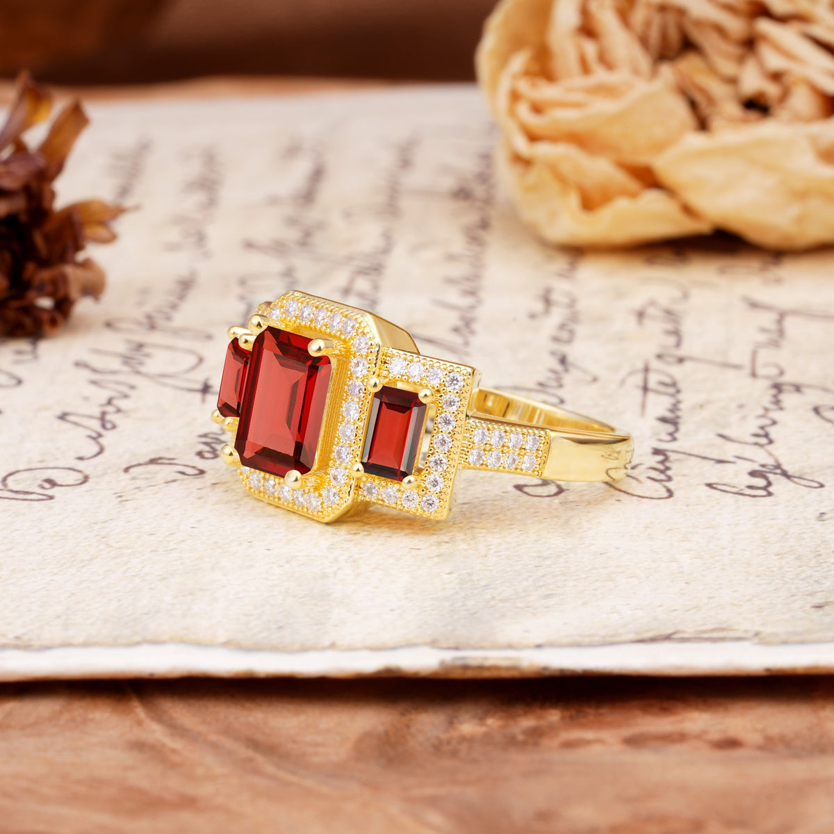 Luxury 4 Prong Emerald CutGarnet Side Stone Engagement Ring - Additional view