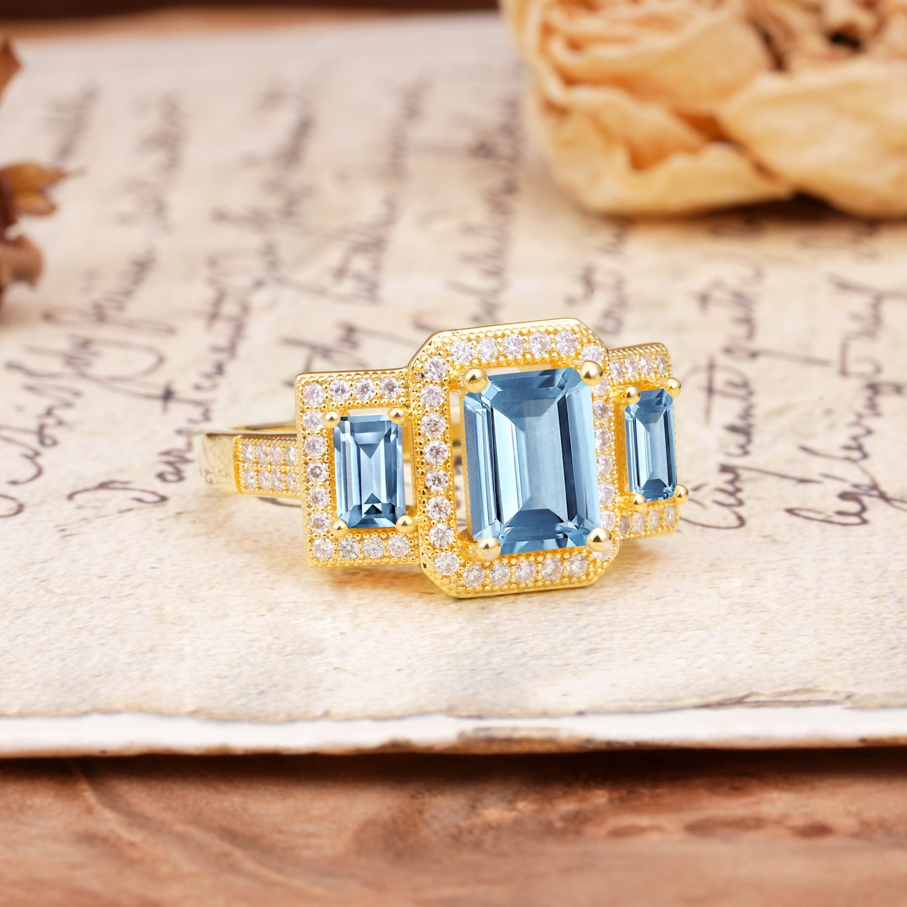 Luxury 4 Prong Emerald CutAquamarine Side Stone Engagement Ring - Additional view