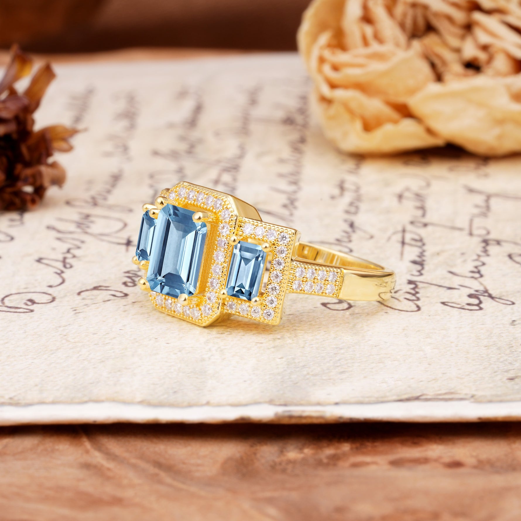 Luxury 4 Prong Emerald CutAquamarine Side Stone Engagement Ring - Additional view