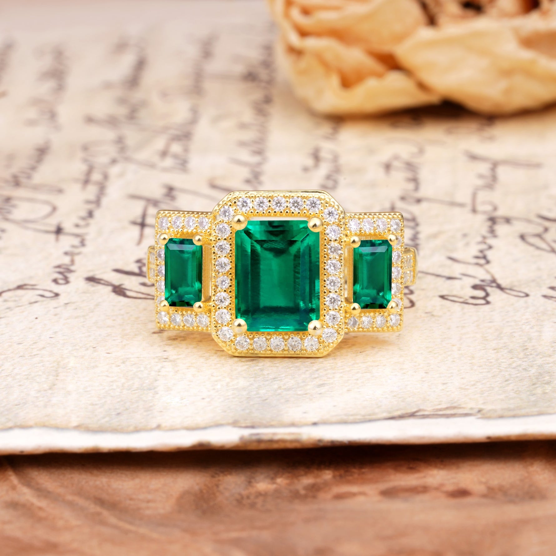 Luxury 4 Prong Emerald CutEmerald Side Stone Engagement Ring - Additional view