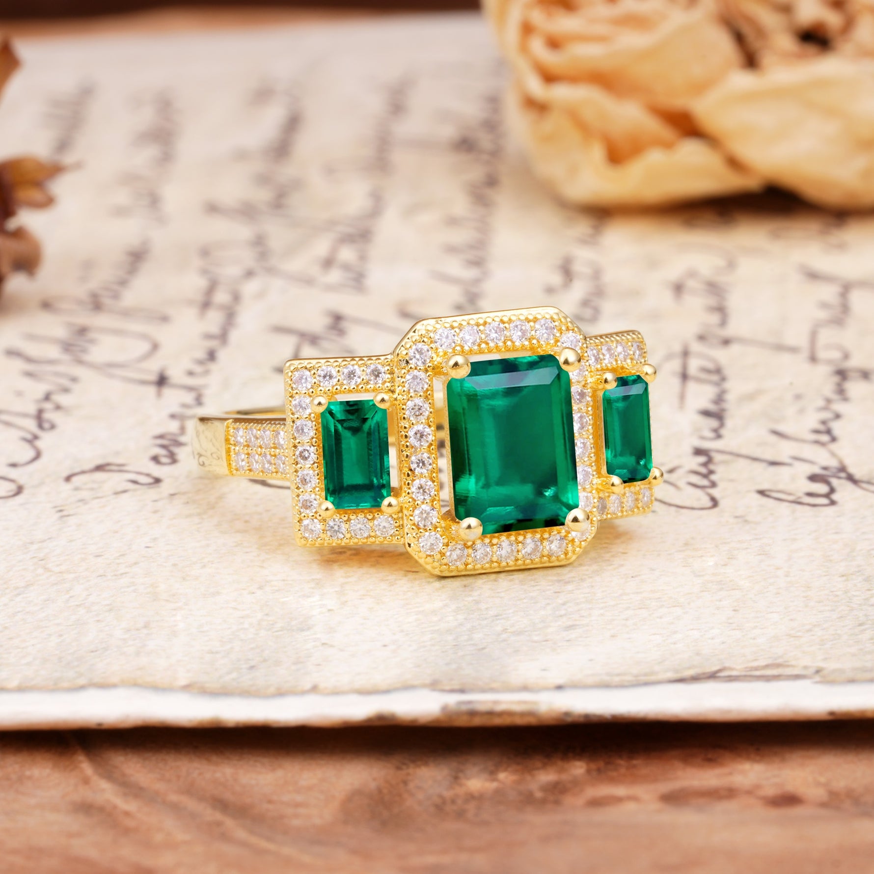 Luxury 4 Prong Emerald CutEmerald Side Stone Engagement Ring - Additional view