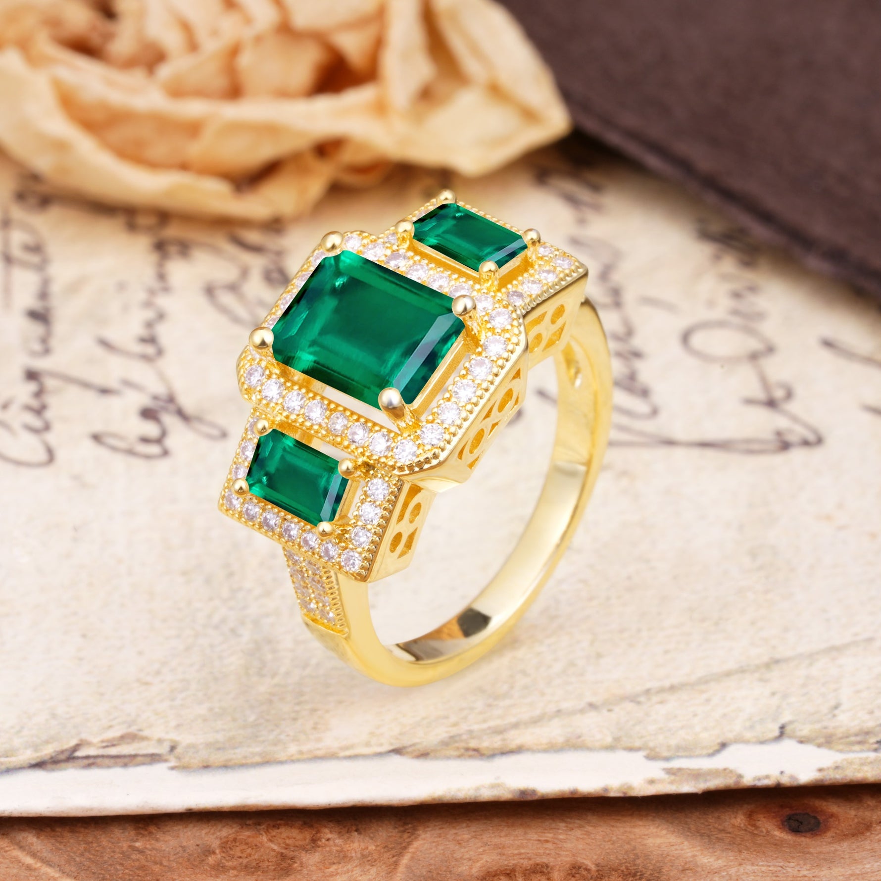 Luxury 4 Prong Emerald CutEmerald Side Stone Engagement Ring - Additional view