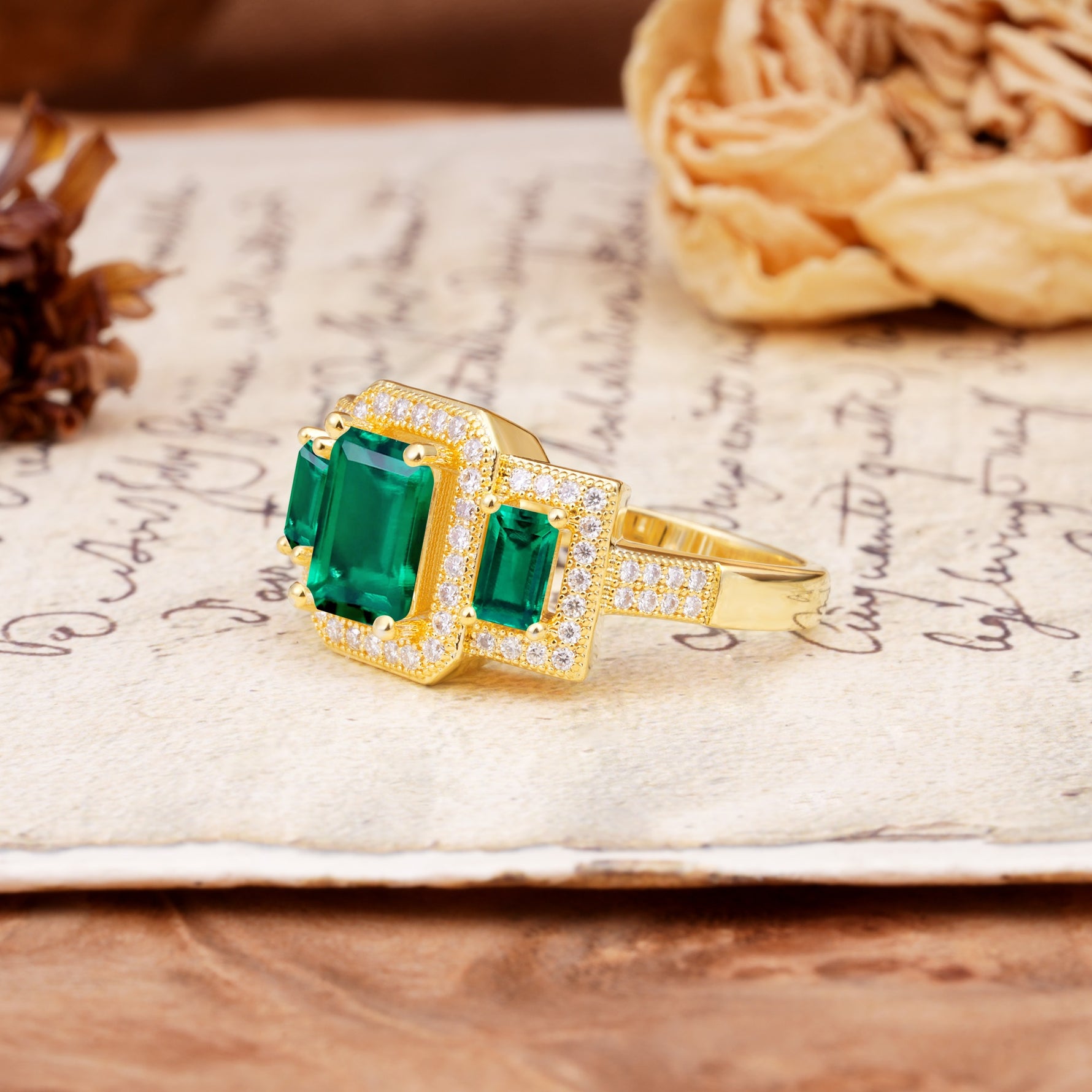 Luxury 4 Prong Emerald CutEmerald Side Stone Engagement Ring - Additional view