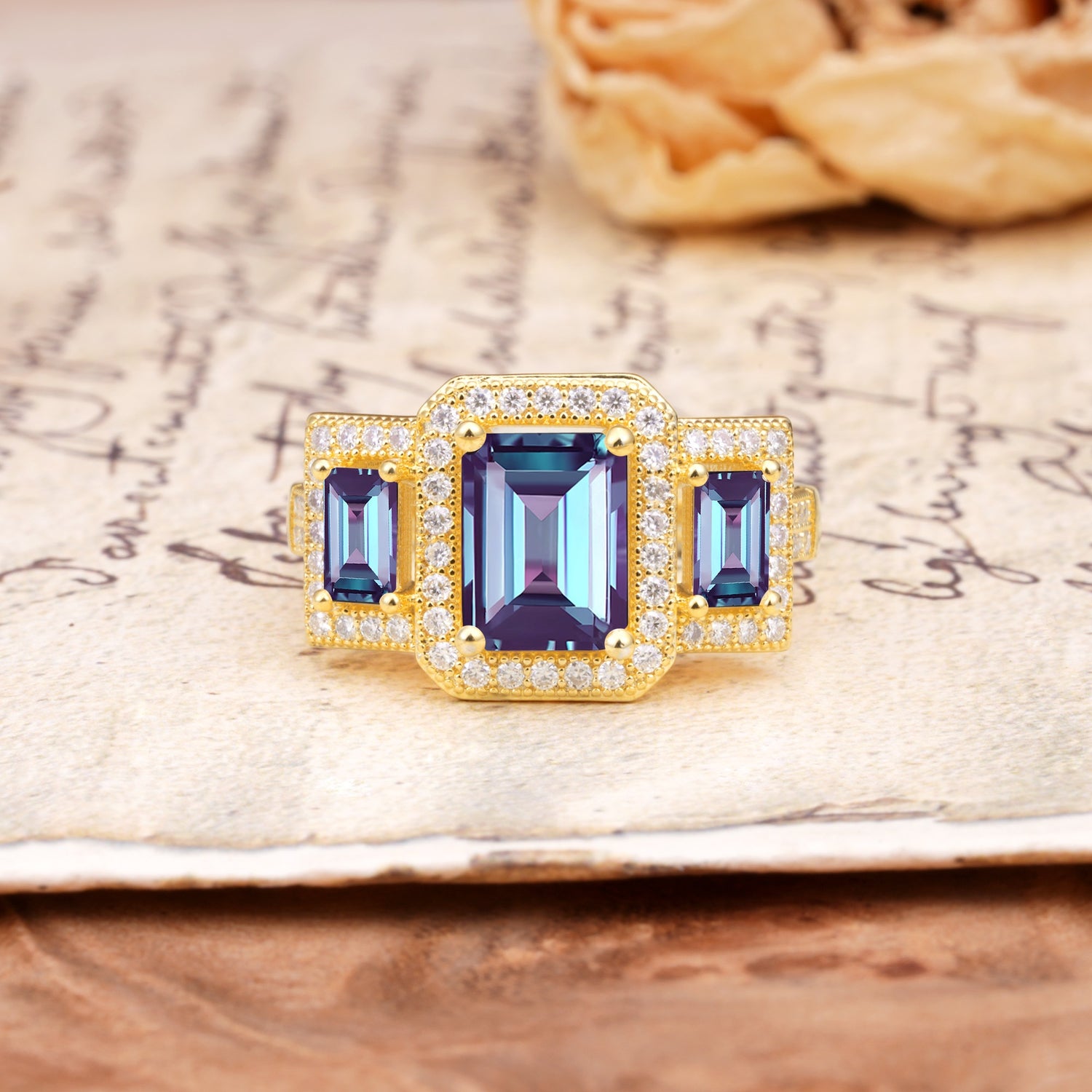 Luxury 4 Prong Emerald CutAlexandrite Side Stone Engagement Ring - Additional view