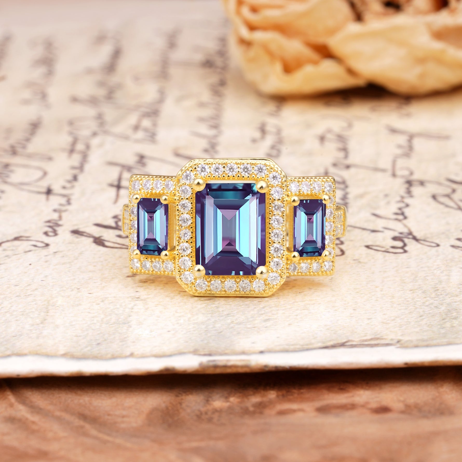 Luxury 4 Prong Emerald CutAlexandrite Side Stone Engagement Ring - Additional view
