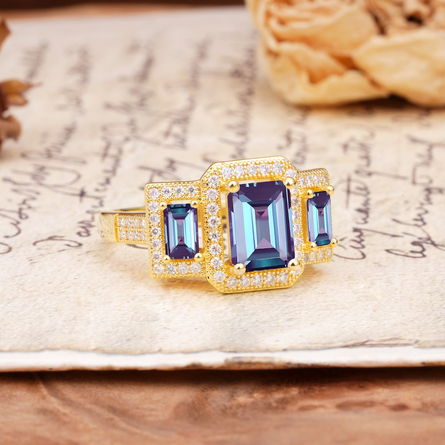 Luxury 4 Prong Emerald CutAlexandrite Side Stone Engagement Ring - Additional view