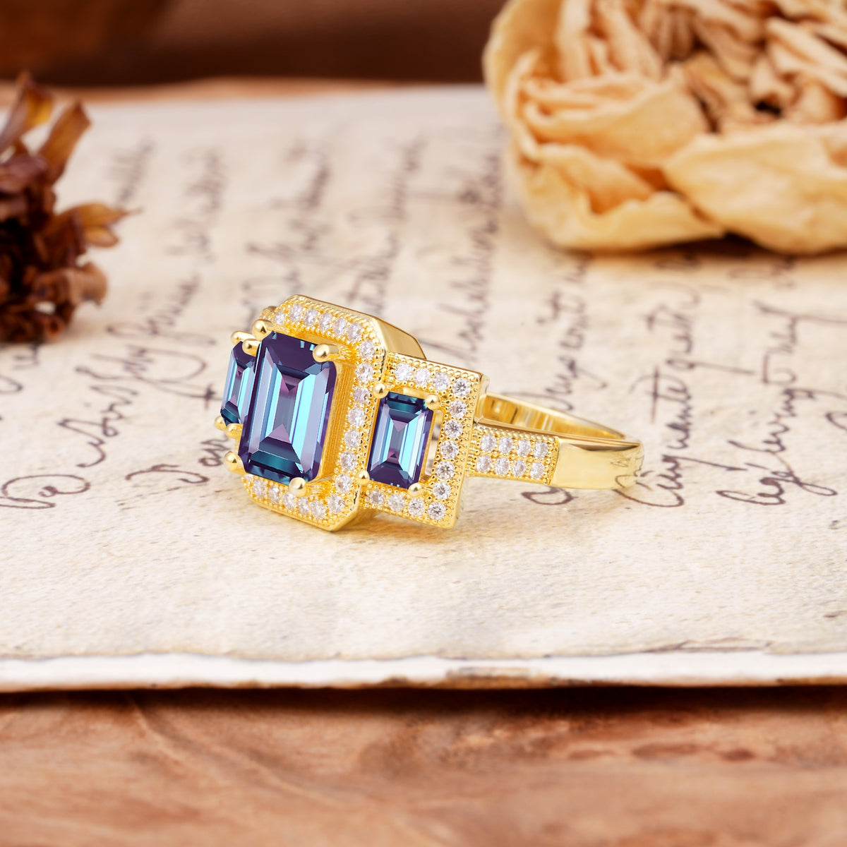 Luxury 4 Prong Emerald CutAlexandrite Side Stone Engagement Ring - Additional view