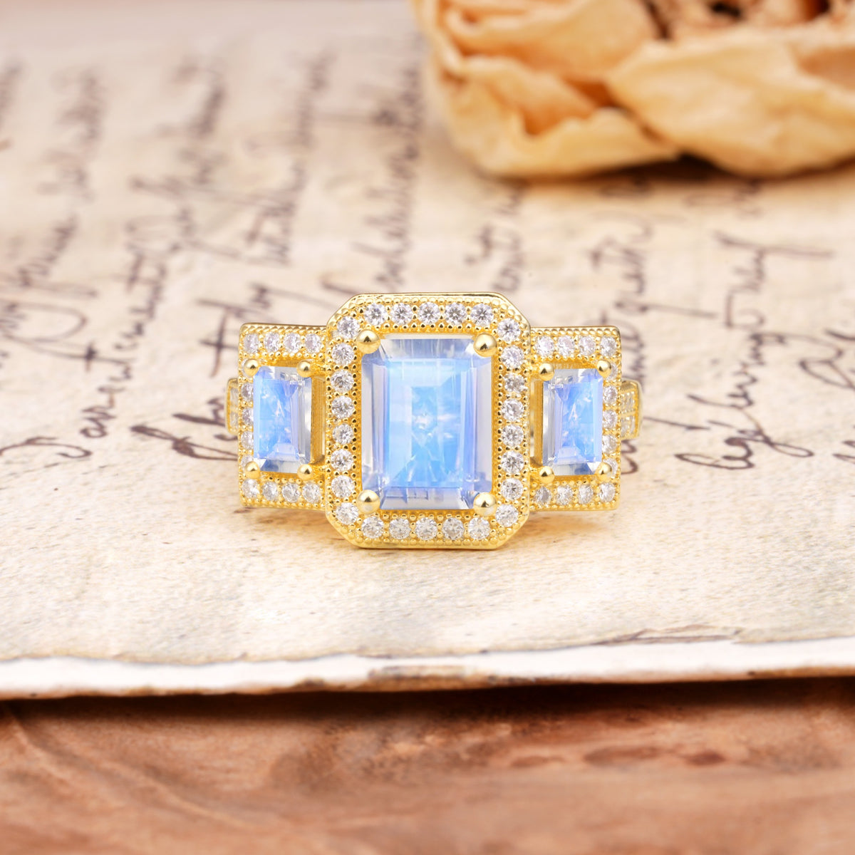 Luxury 4 Prong Emerald CutMoonstone Side Stone Engagement Ring - Additional view