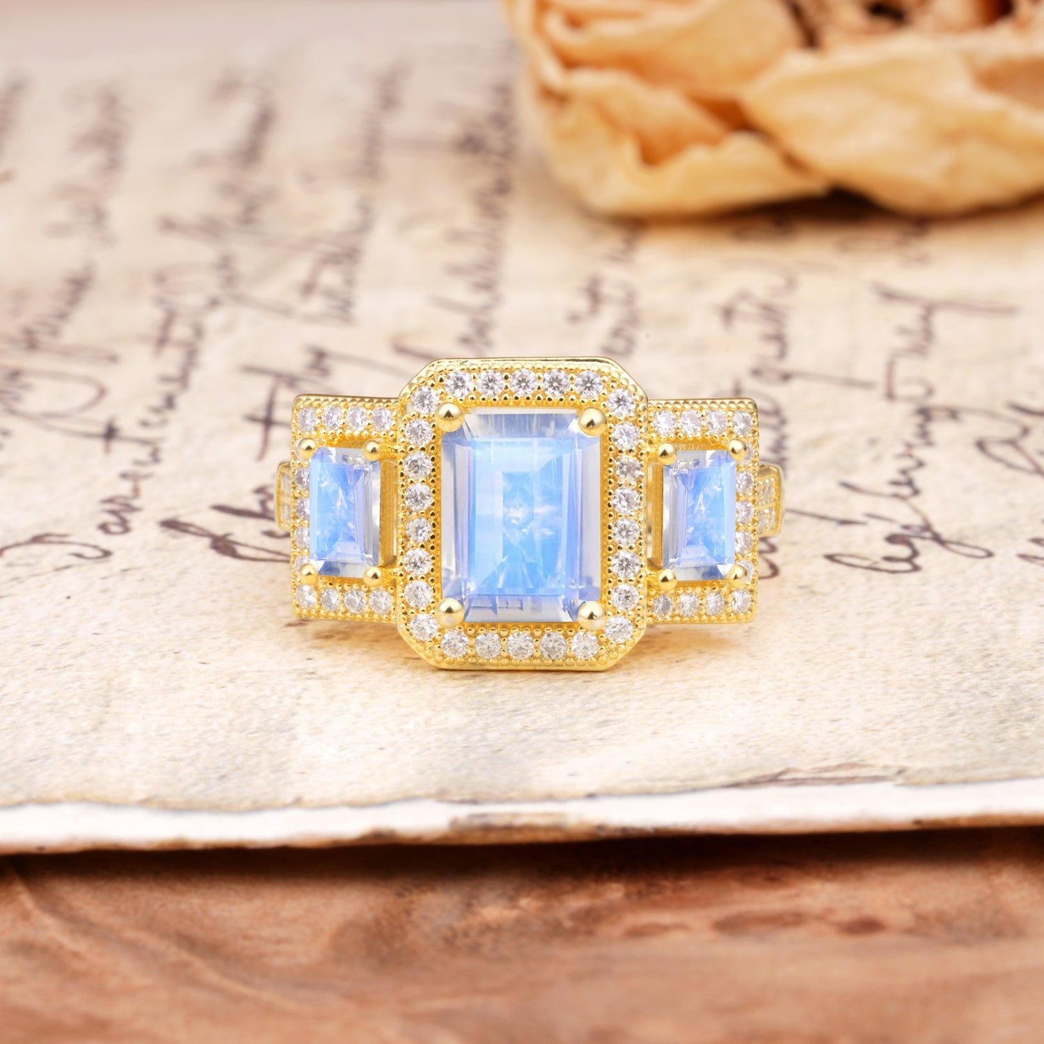 Luxury 4 Prong Emerald CutMoonstone Side Stone Engagement Ring - Additional view