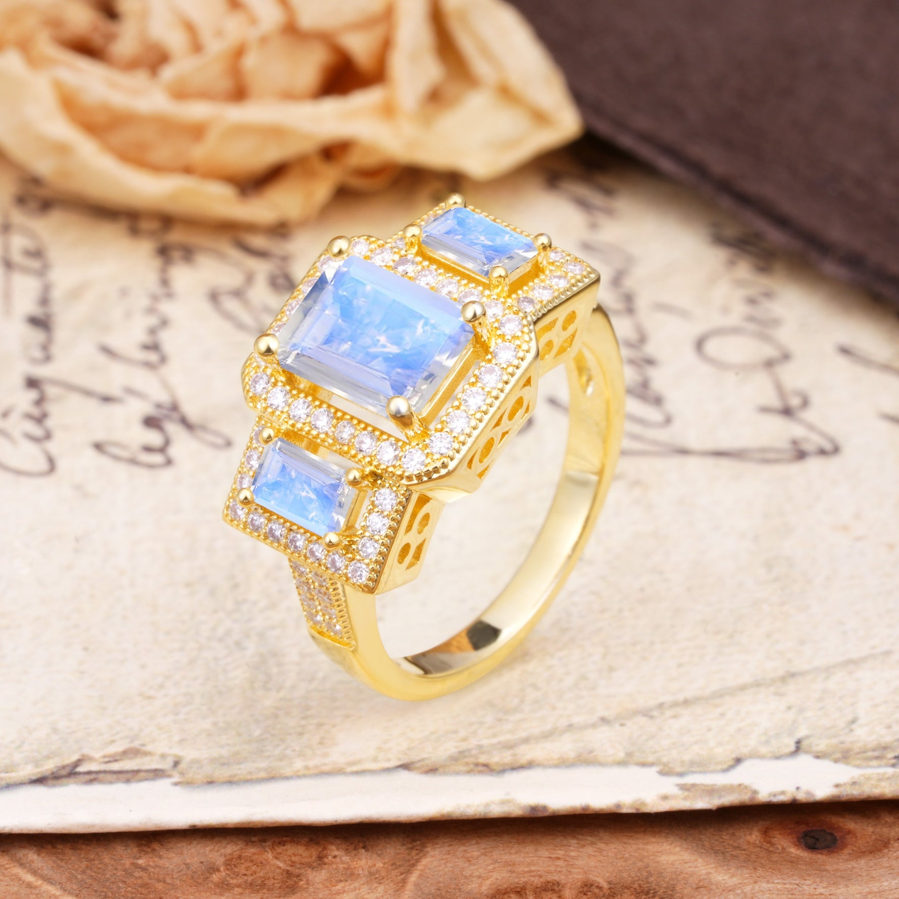 Luxury 4 Prong Emerald CutMoonstone Side Stone Engagement Ring - Additional view