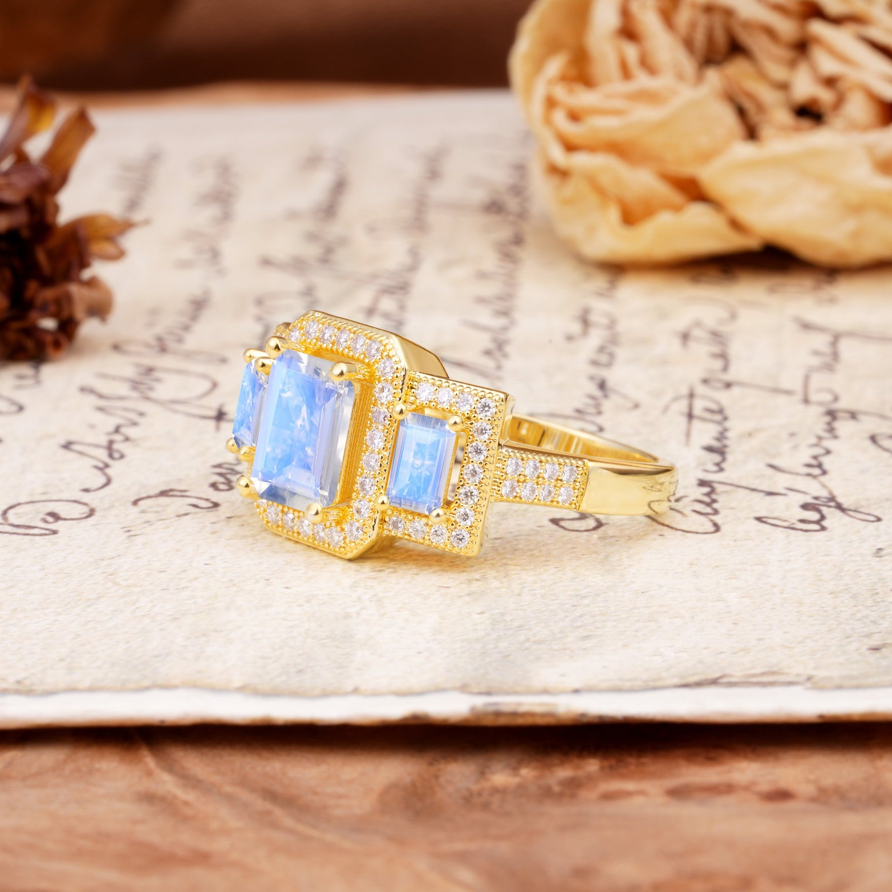 Luxury 4 Prong Emerald CutMoonstone Side Stone Engagement Ring - Additional view