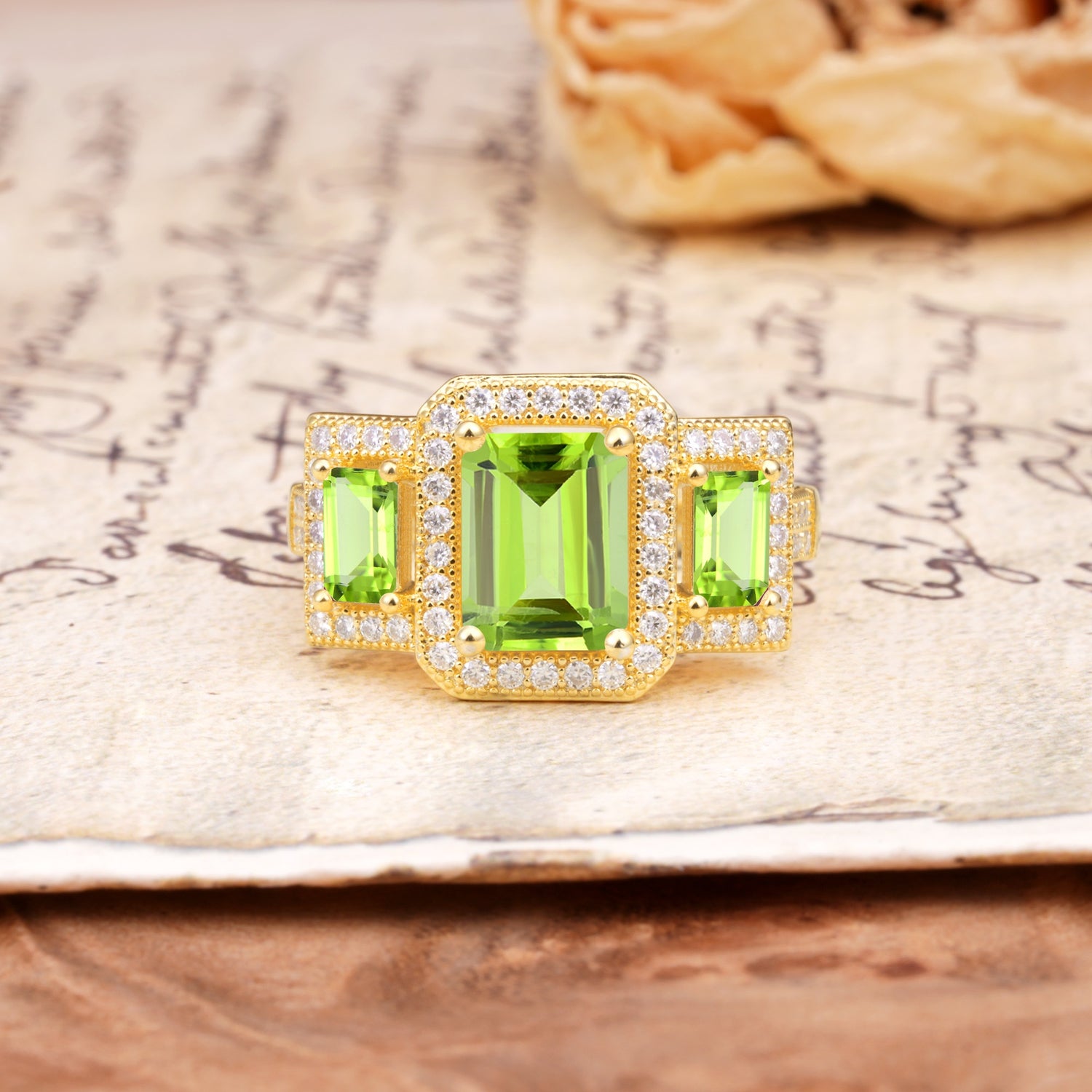 Luxury 4 Prong Emerald CutPeridot Side Stone Engagement Ring - Additional view
