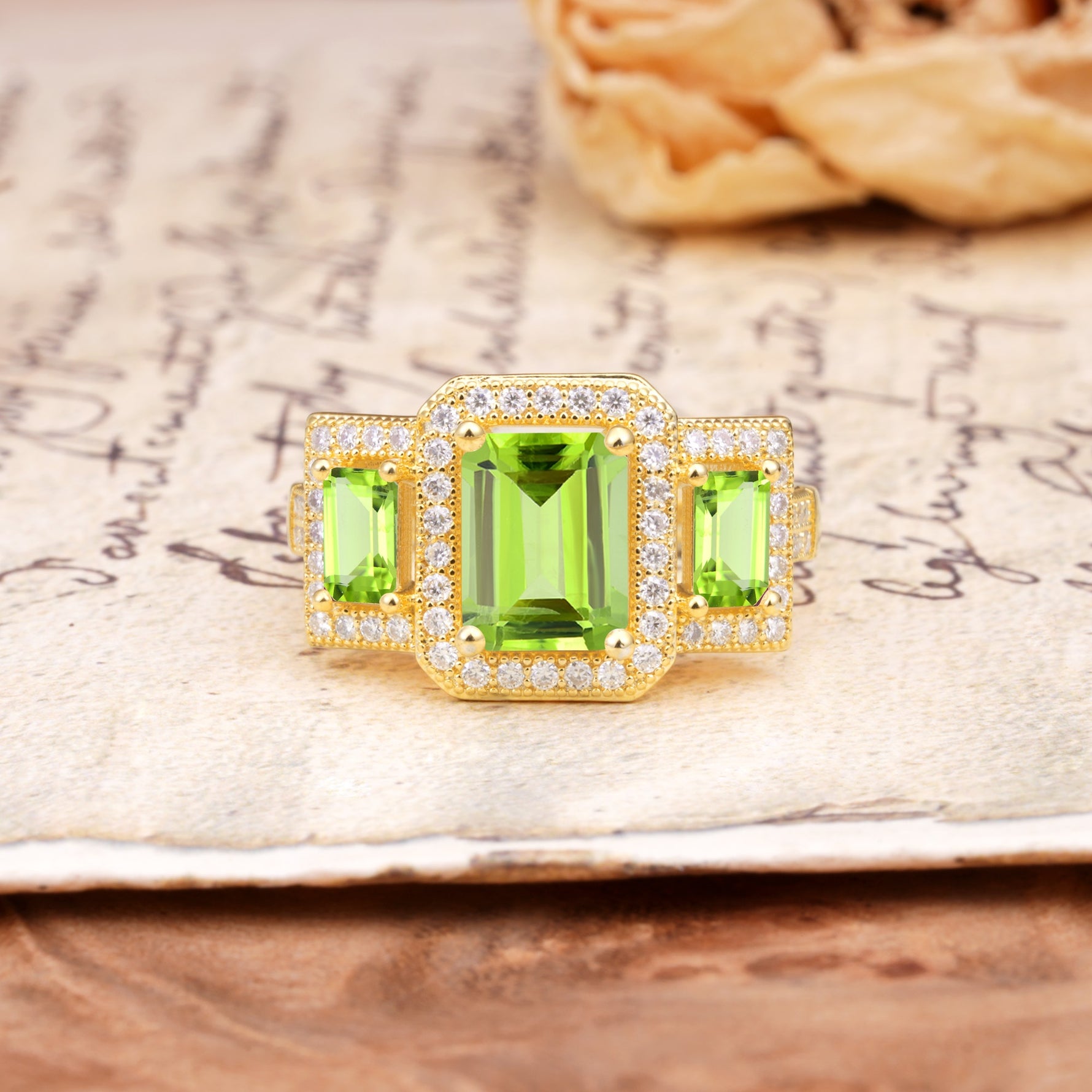 Luxury 4 Prong Emerald CutPeridot Side Stone Engagement Ring - Additional view