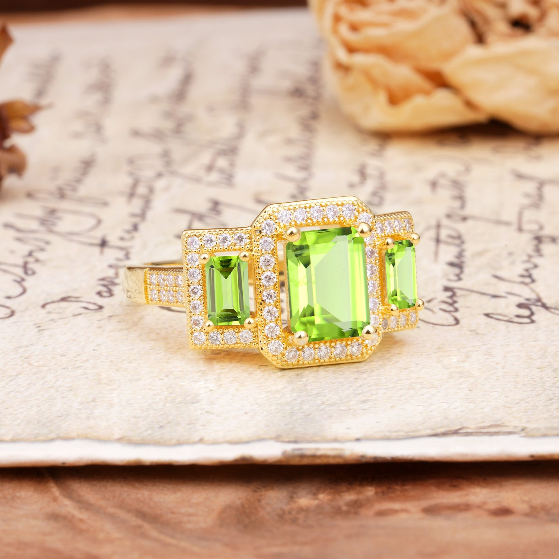Luxury 4 Prong Emerald CutPeridot Side Stone Engagement Ring - Additional view