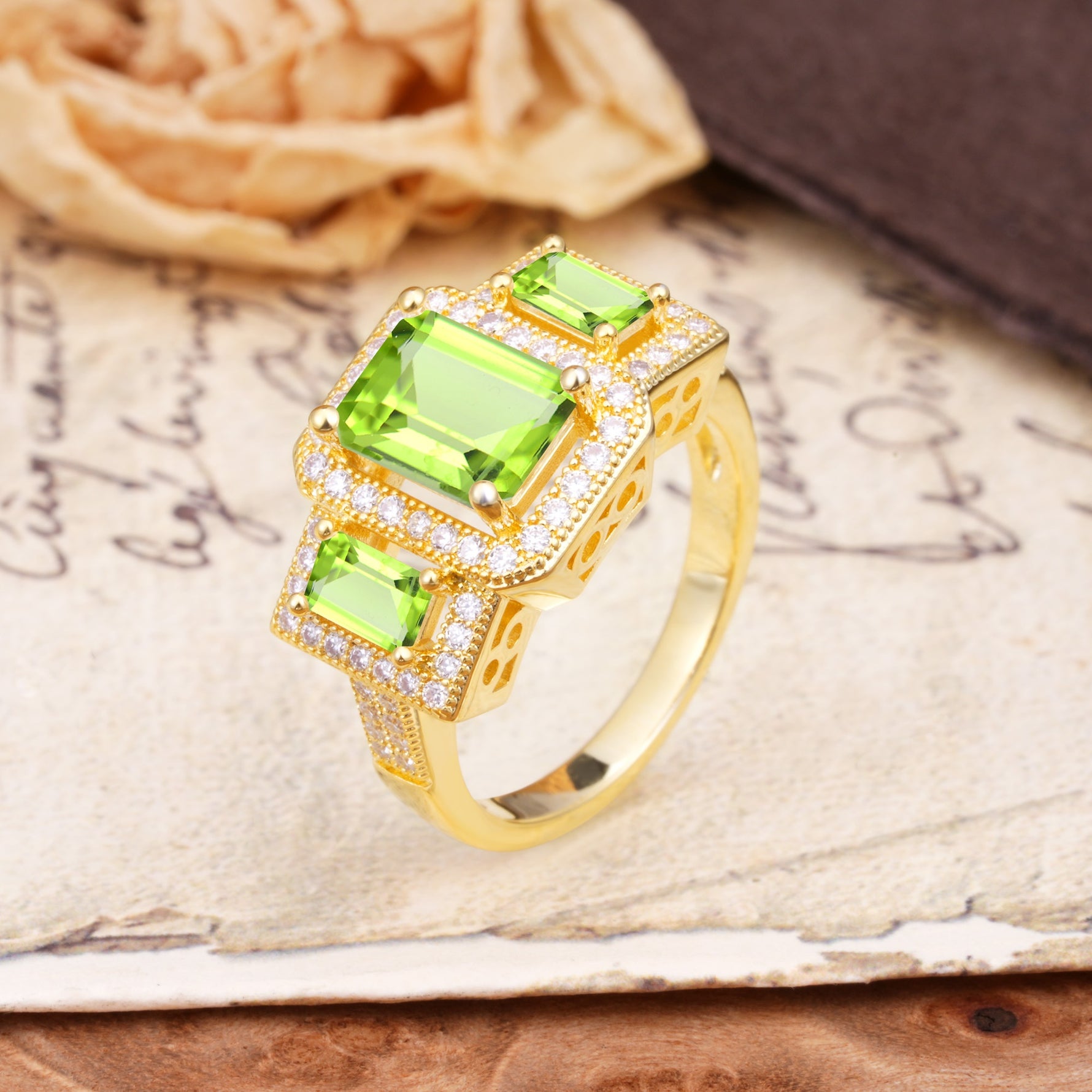 Luxury 4 Prong Emerald CutPeridot Side Stone Engagement Ring - Additional view