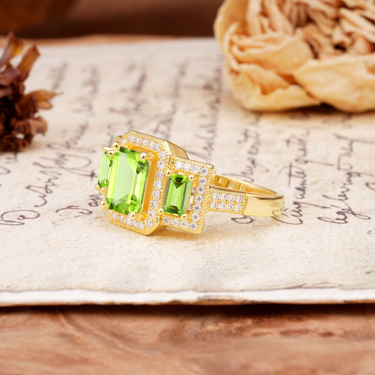 Luxury 4 Prong Emerald CutPeridot Side Stone Engagement Ring - Additional view