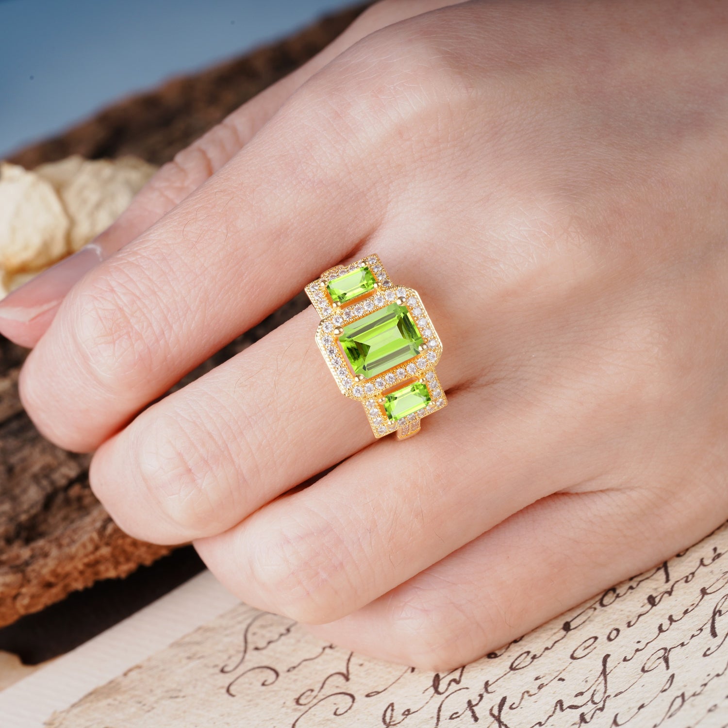 Luxury 4 Prong Emerald CutPeridot Side Stone Engagement Ring - Additional view
