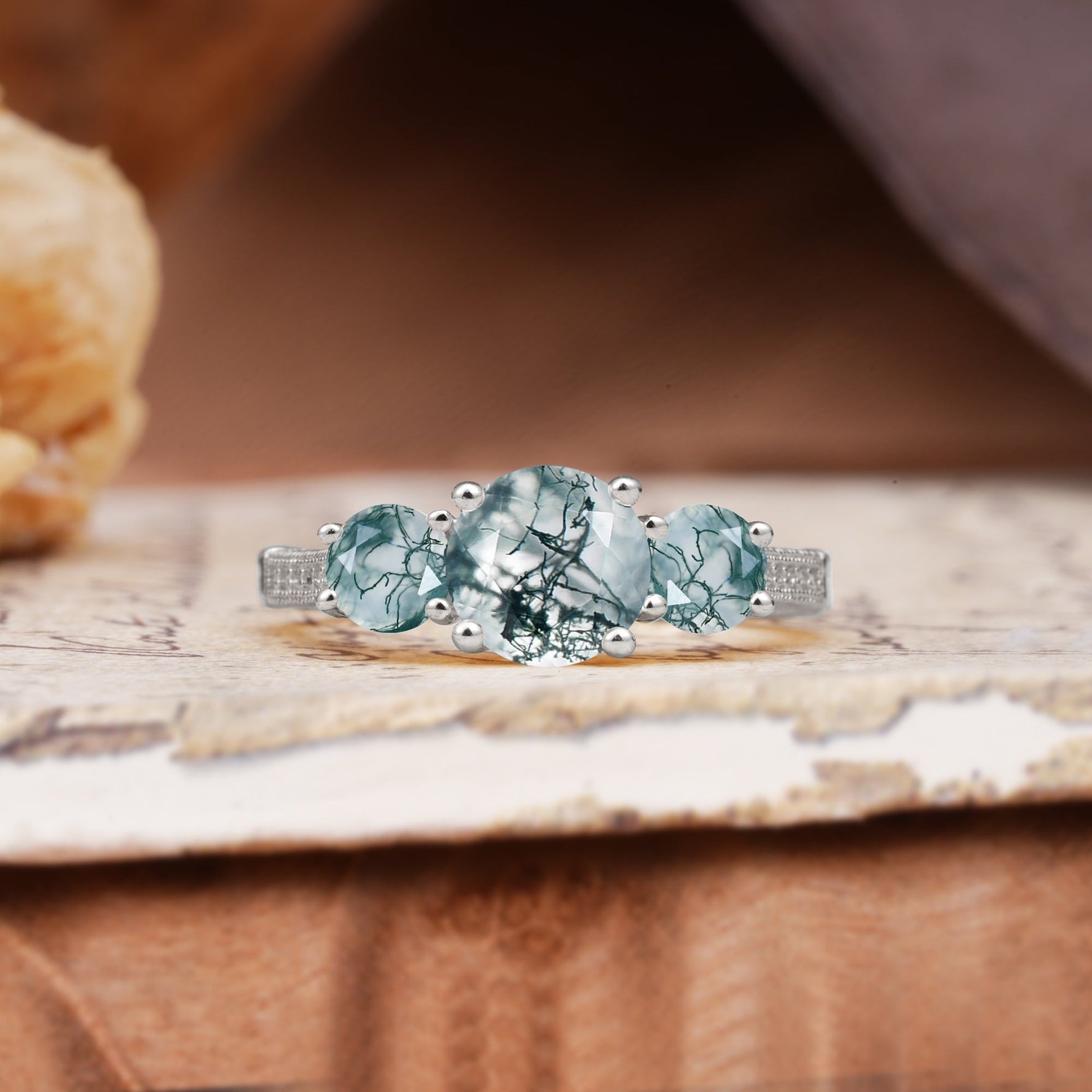 Vintage Mixed Cut Moss Agate Eternity Wedding Band - Additional view