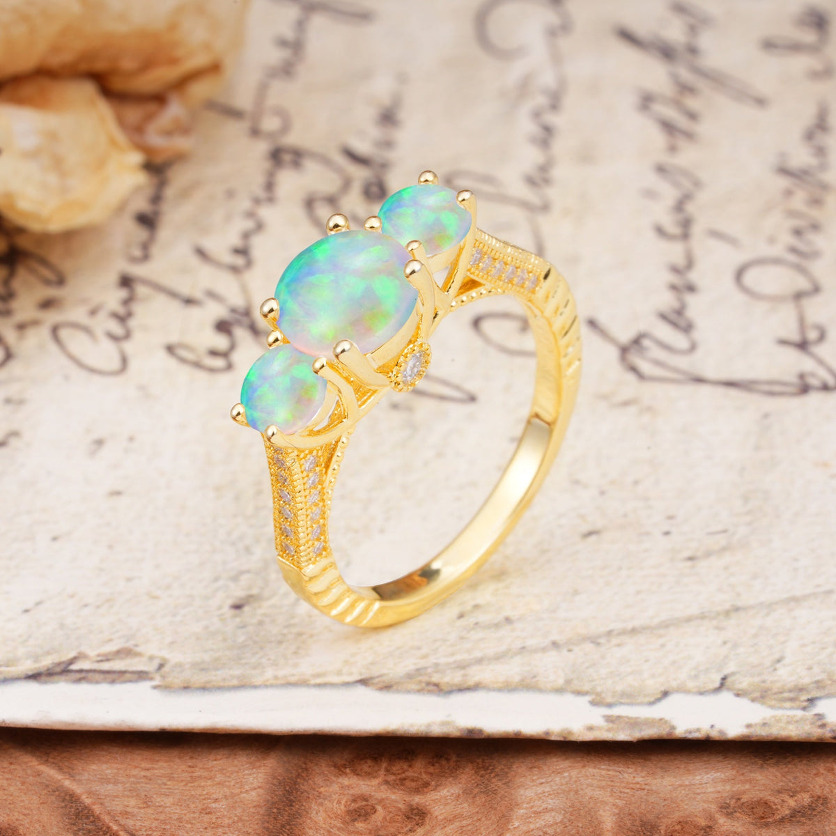 Vintage Mixed Cut Fire Opal Eternity Wedding Band - Additional view