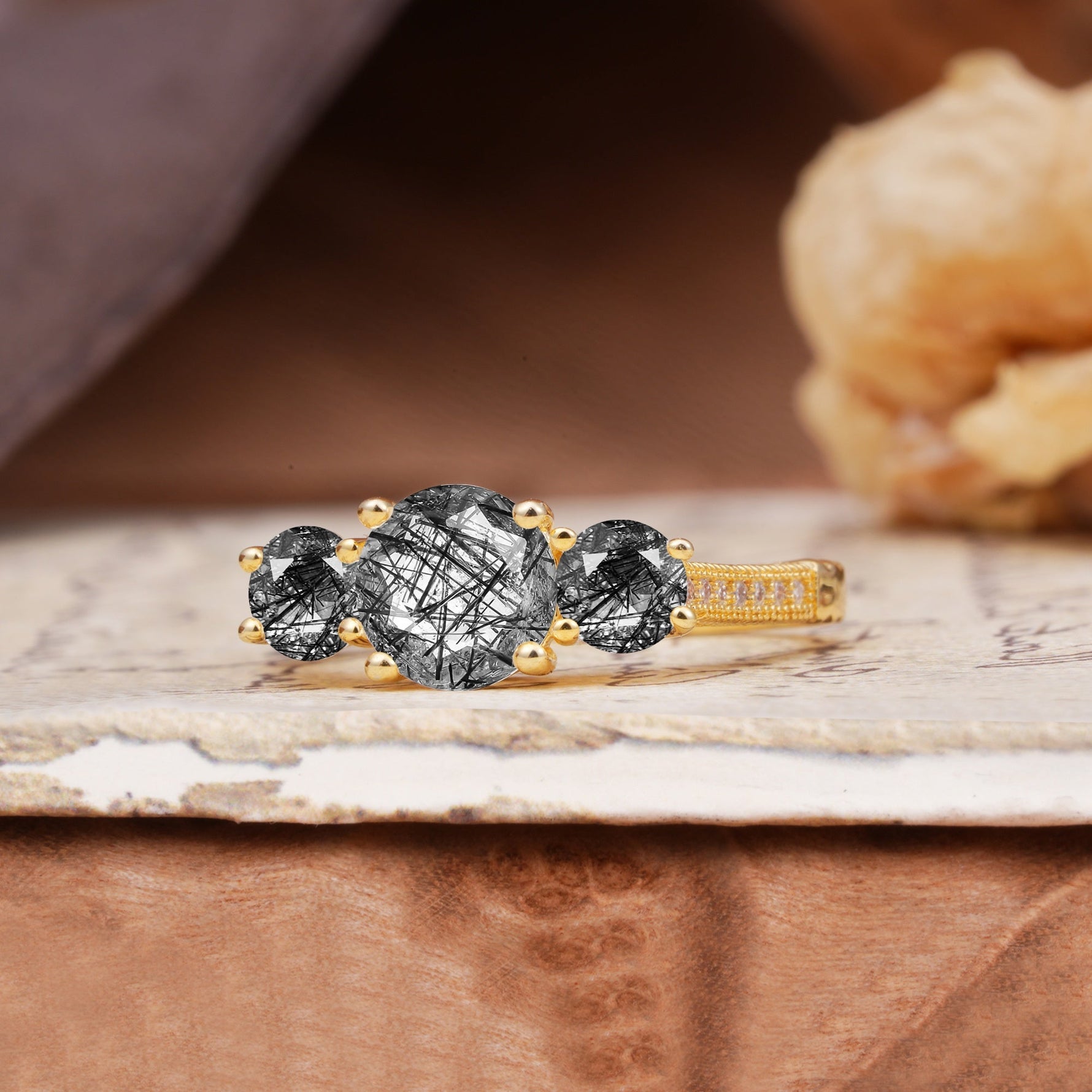 Vintage Mixed Cut Black Rutilated Quartz Eternity Wedding Band - Additional view