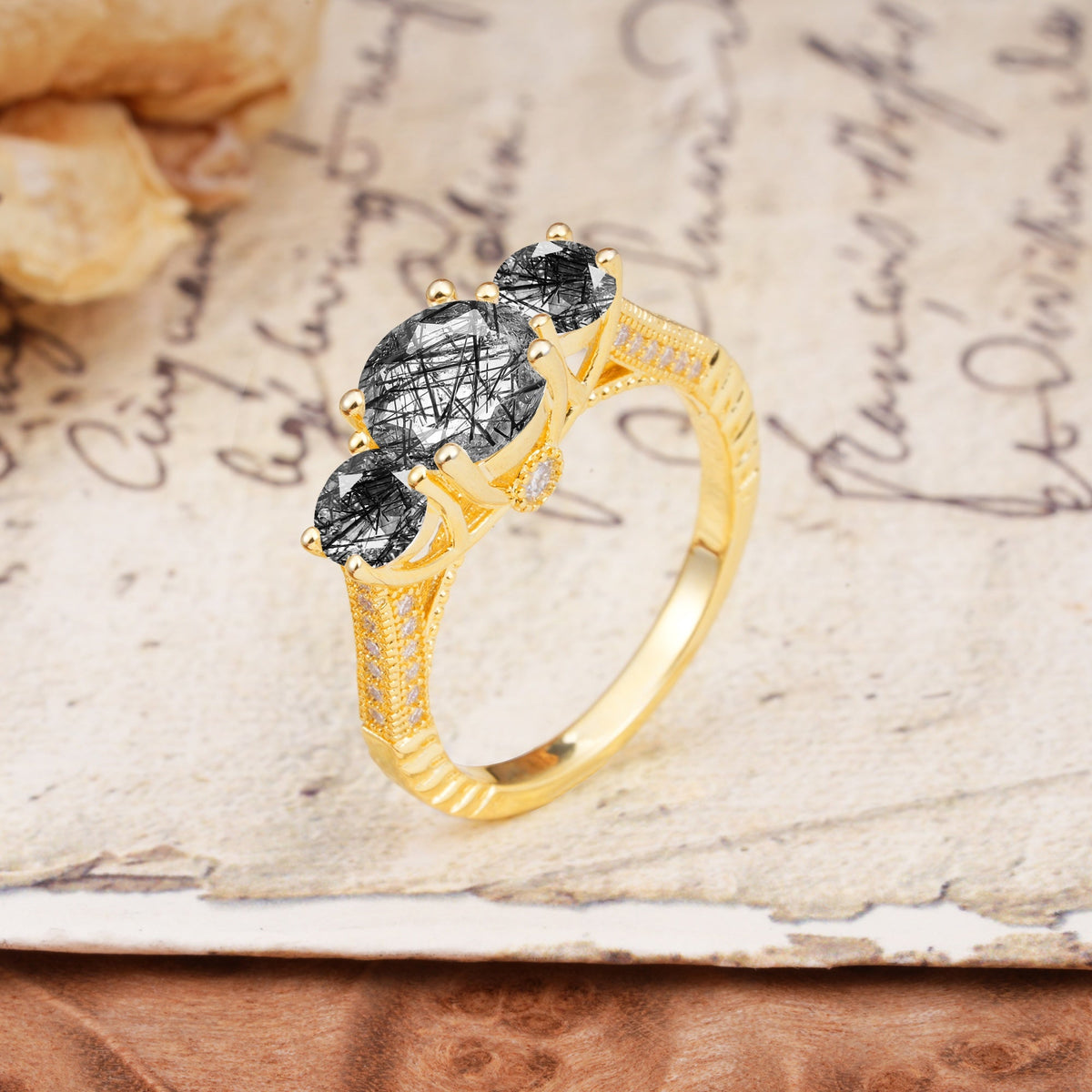 Vintage Mixed Cut Black Rutilated Quartz Eternity Wedding Band - Additional view