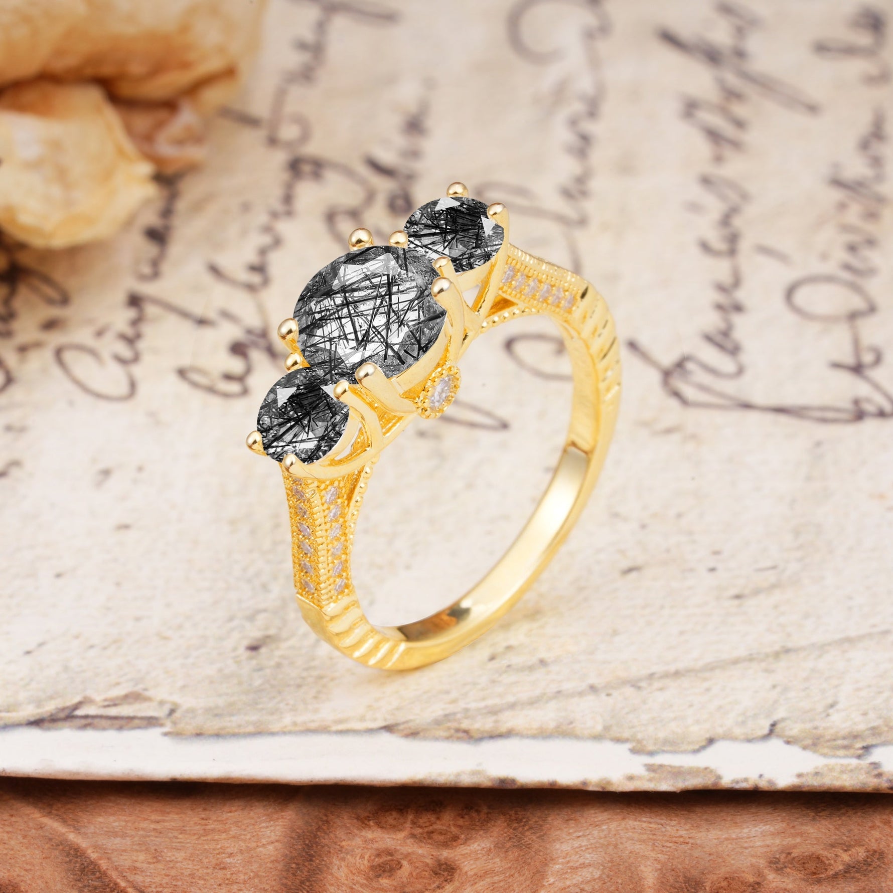 Vintage Mixed Cut Black Rutilated Quartz Eternity Wedding Band - Additional view