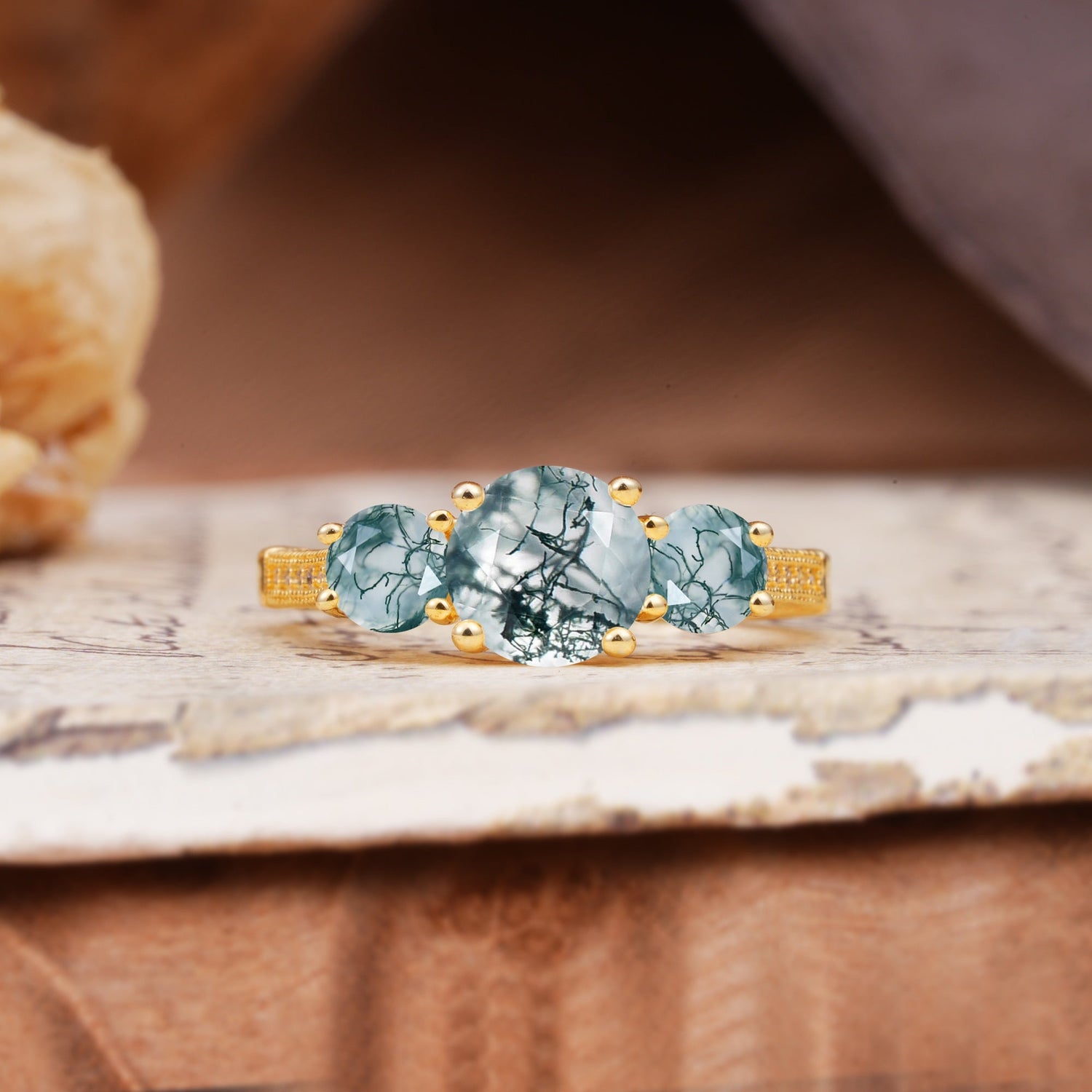 Vintage Mixed Cut Moss Agate Eternity Wedding Band - Additional view