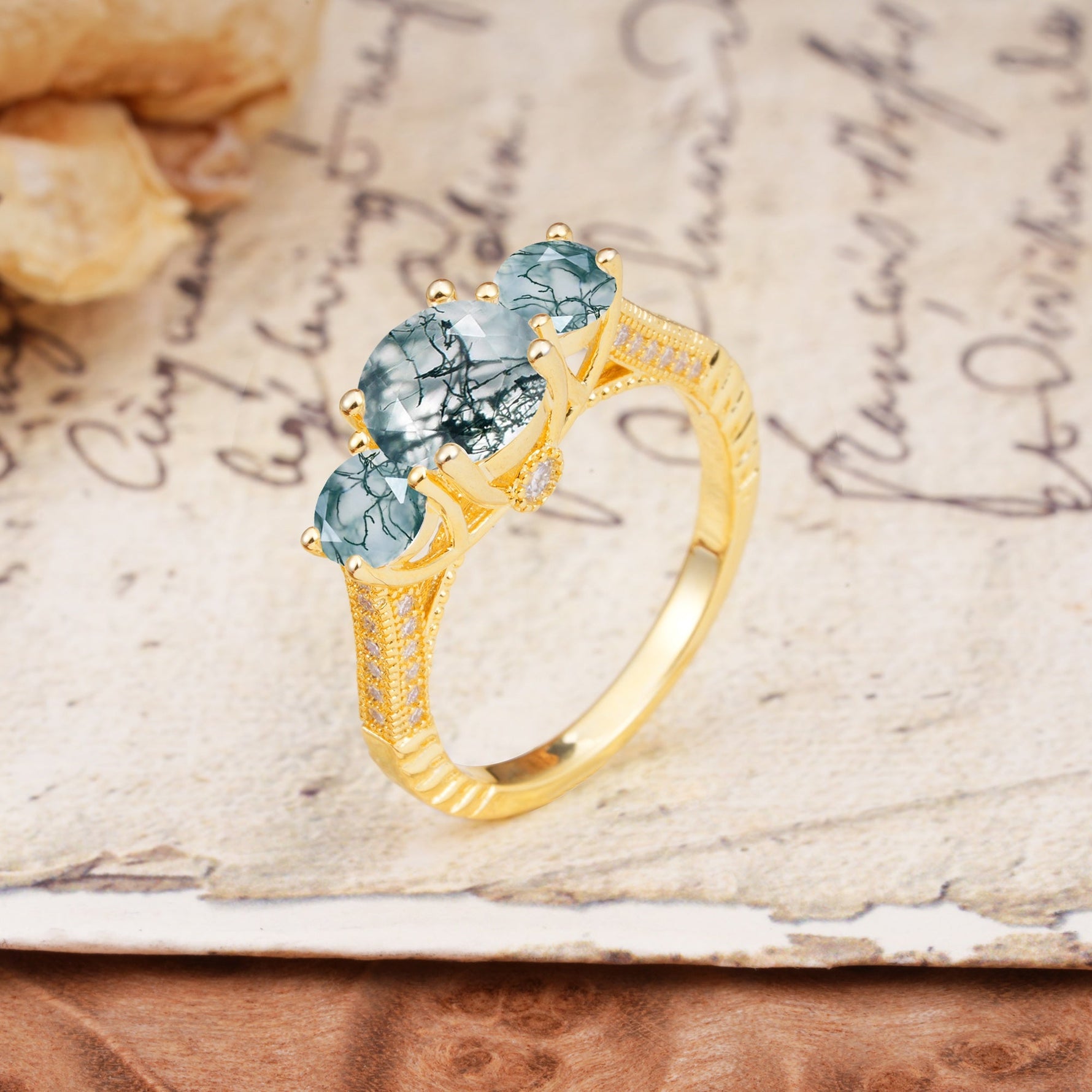 Vintage Mixed Cut Moss Agate Eternity Wedding Band - Additional view