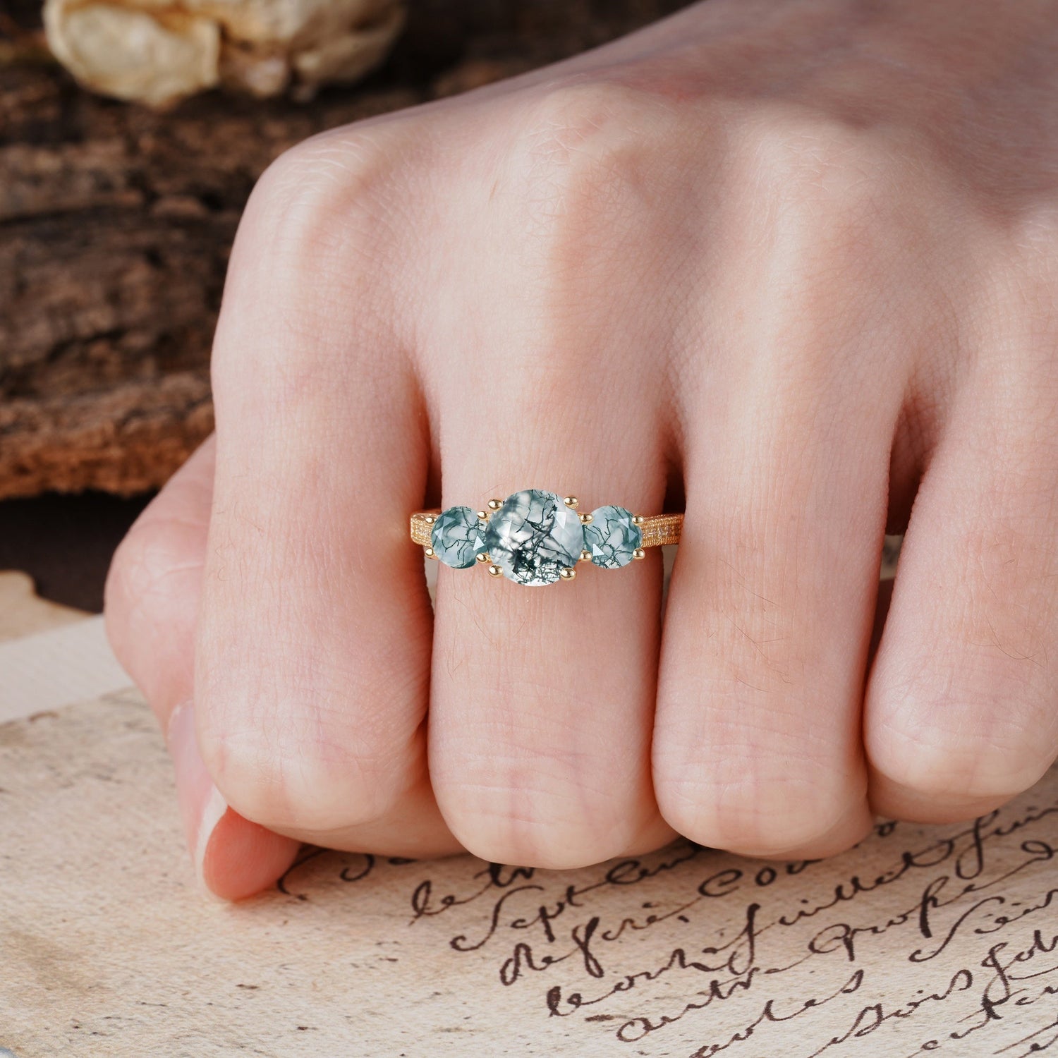 Vintage Mixed Cut Moss Agate Eternity Wedding Band - Additional view