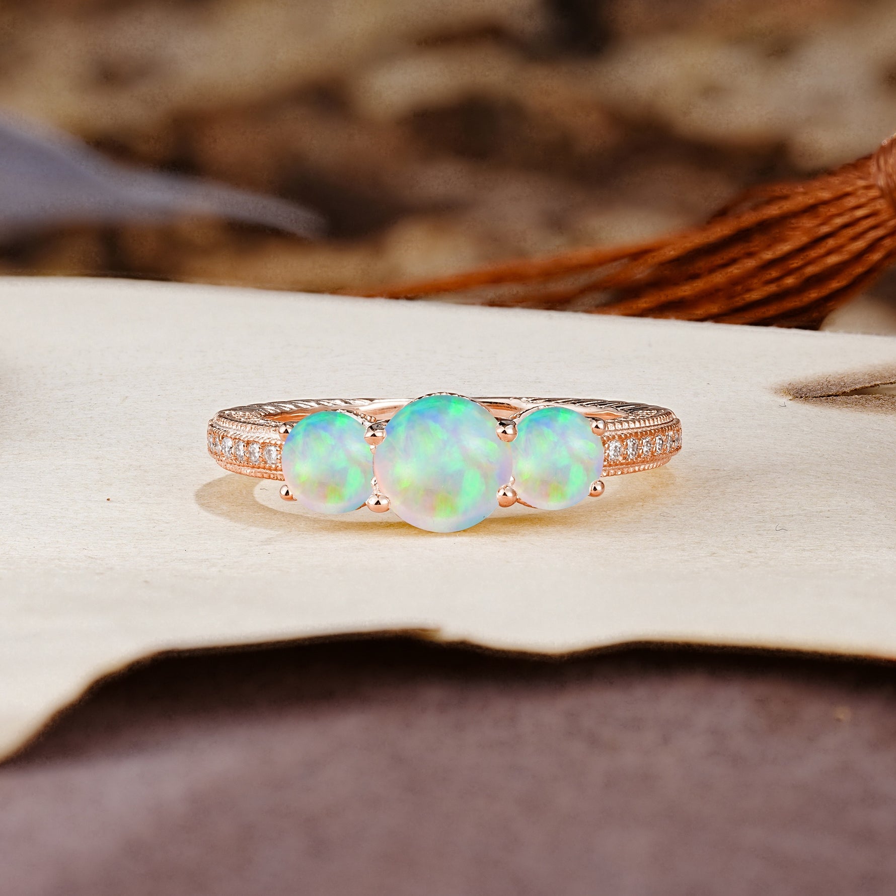 Classic Simplicity 4-Prong Round Cut Fire Opal Three Stones Wedding Ring - Additional view
