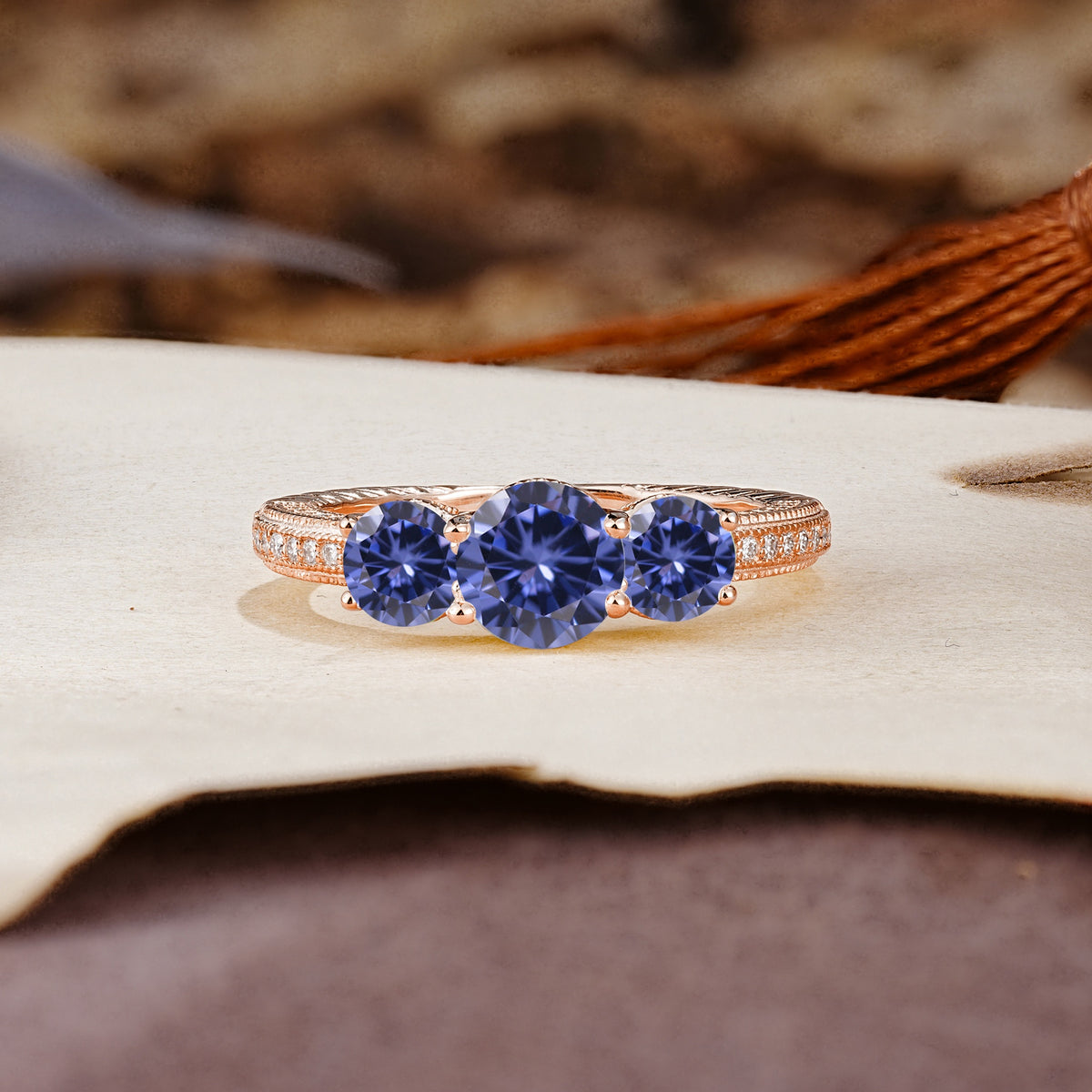 Classic Simplicity 4-Prong Round Cut Tanzanite Three Stones Wedding Ring - Additional view