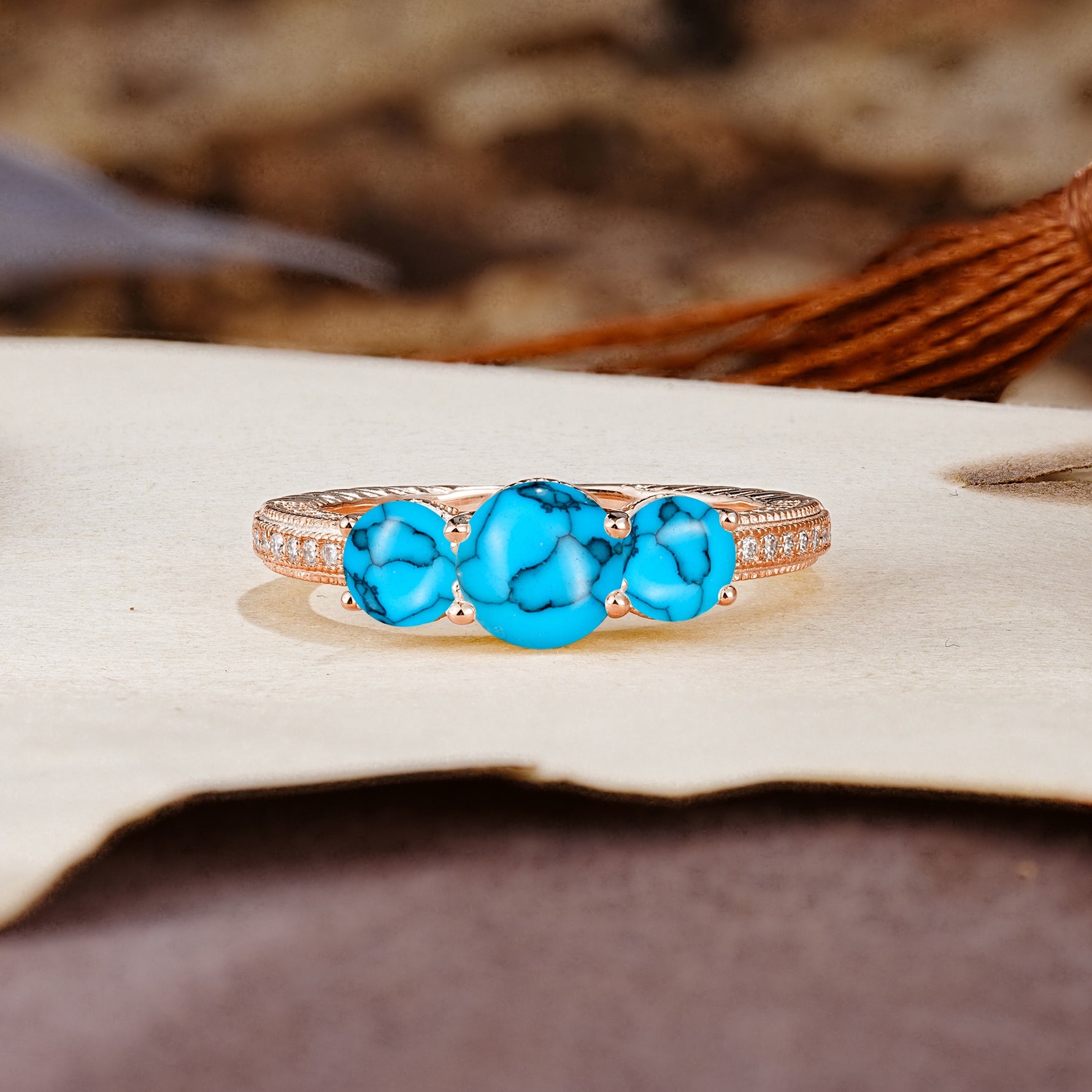 Classic Simplicity 4-Prong Round Cut Turquoise Three Stones Wedding Ring - Additional view