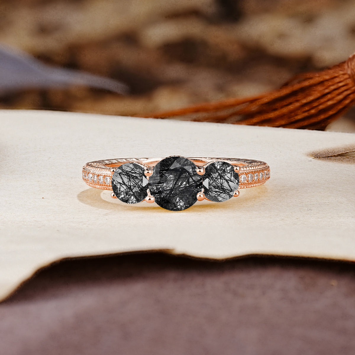 Classic Simplicity 4-Prong Round Cut Black Rutilated Quartz Three Stones Wedding Ring - Additional view
