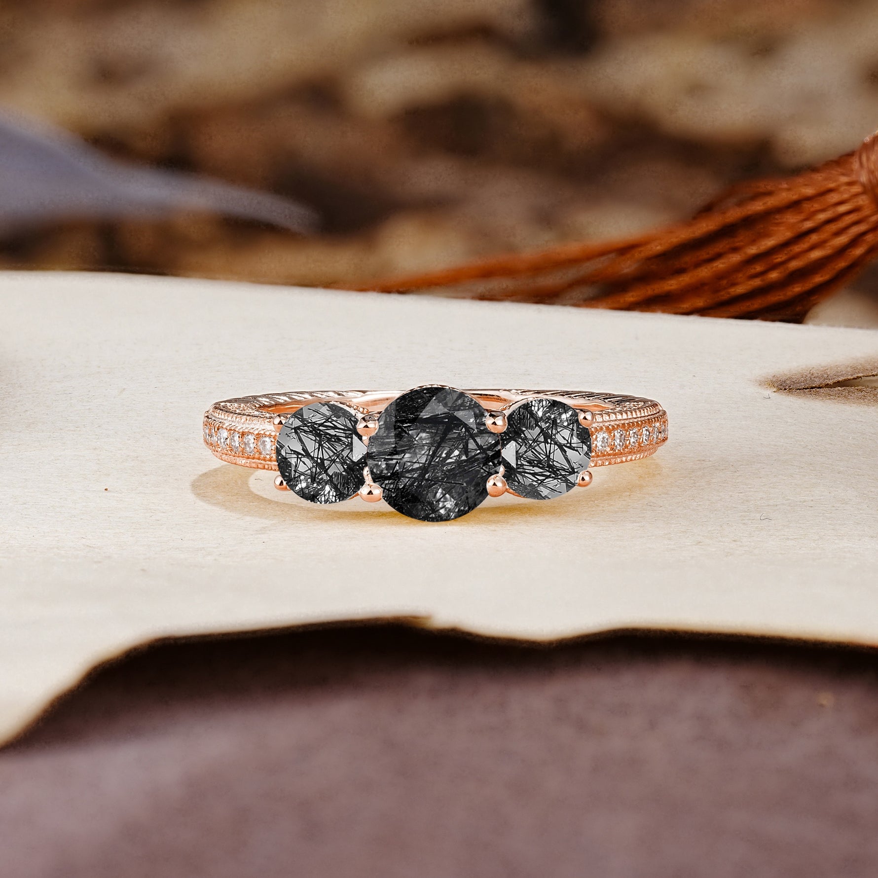 Classic Simplicity 4-Prong Round Cut Black Rutilated Quartz Three Stones Wedding Ring - Additional view