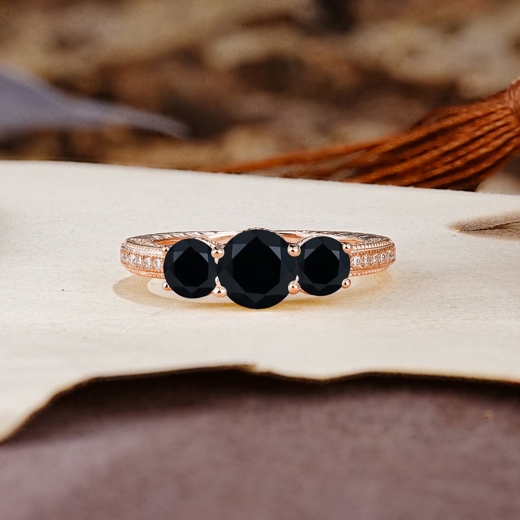 Classic Simplicity 4-Prong Round Cut Black Onyx Three Stones Wedding Ring - Additional view