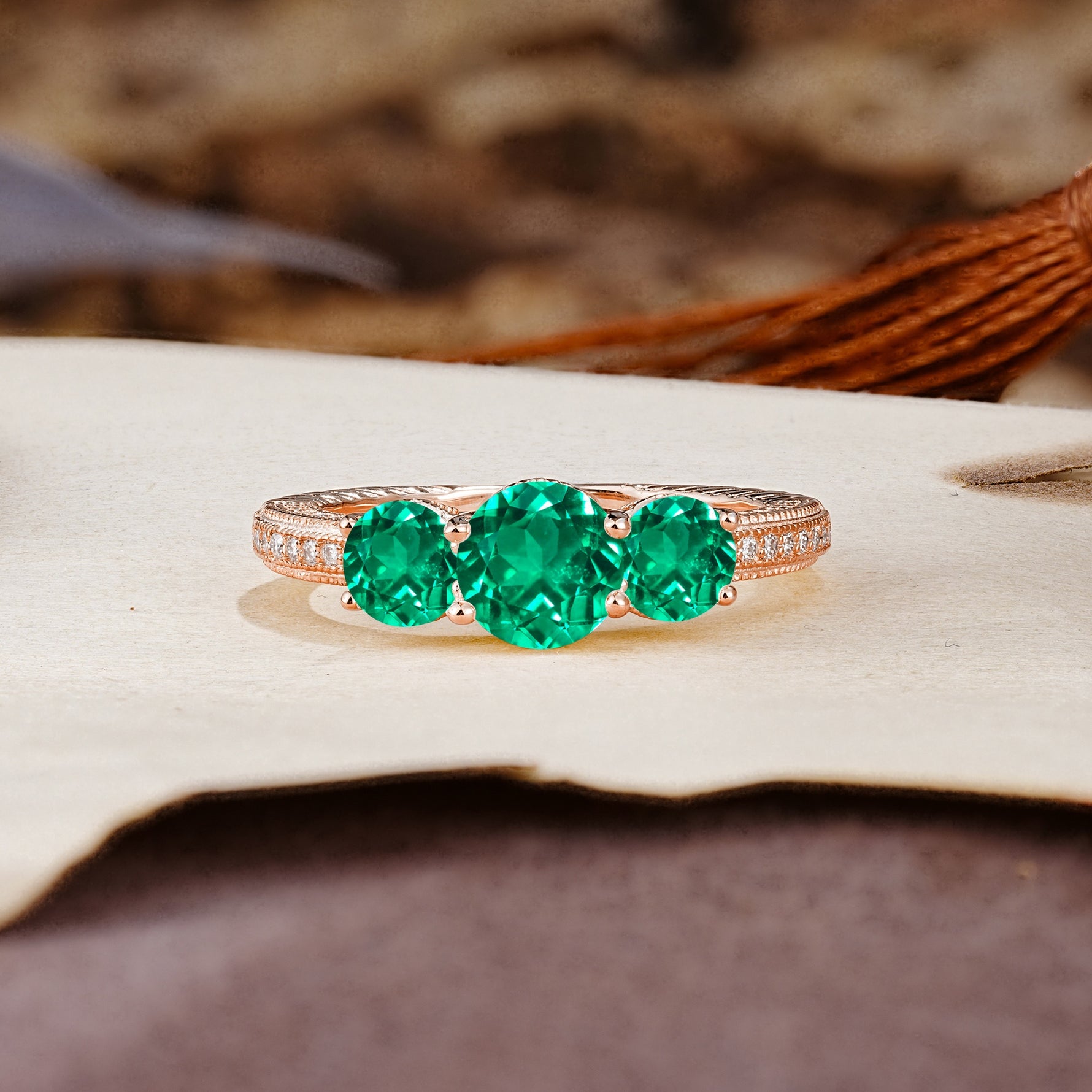Classic Simplicity 4-Prong Round Cut Emerald Three Stones Wedding Ring - Additional view