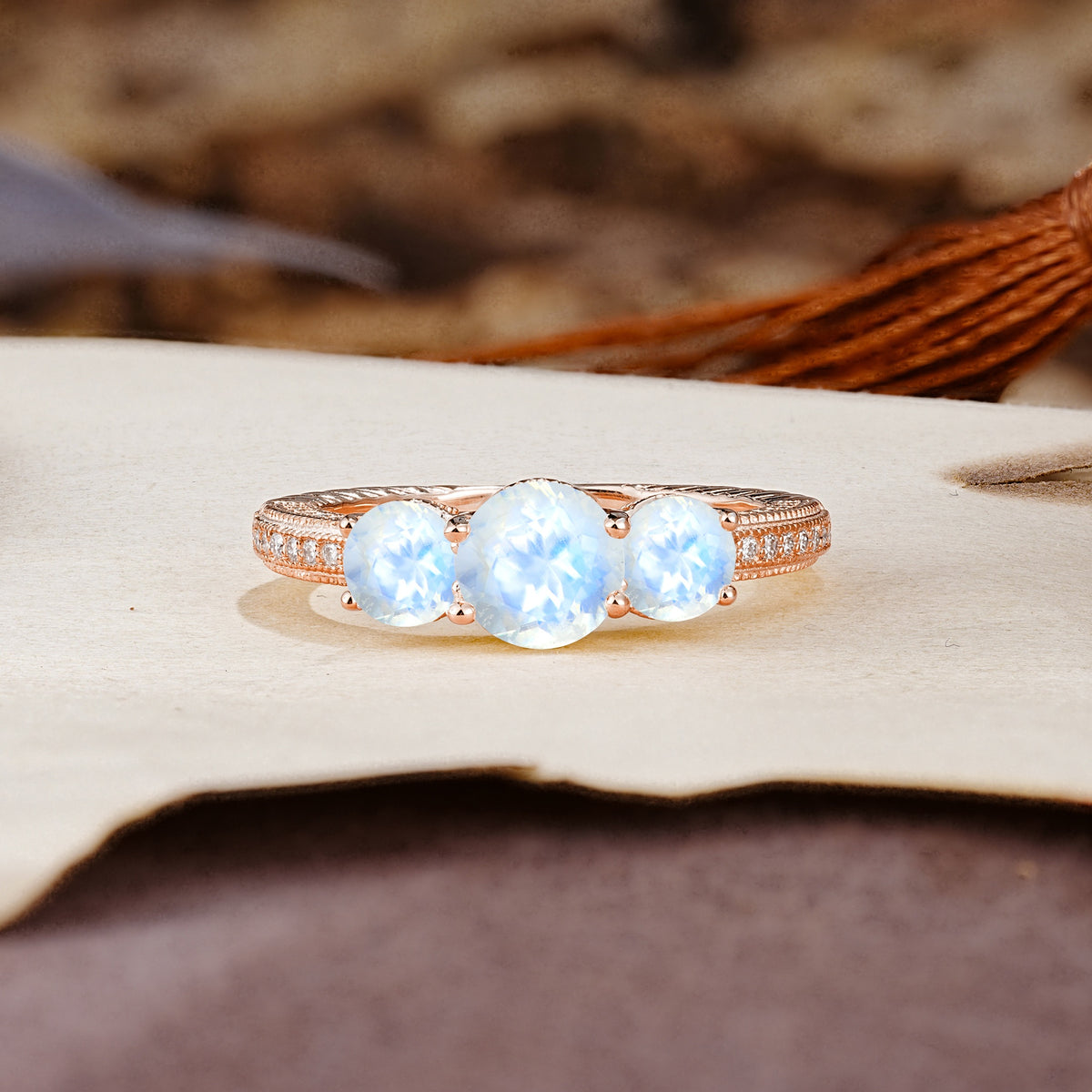 Classic Simplicity 4-Prong Round Cut Moonstone Three Stones Wedding Ring - Additional view