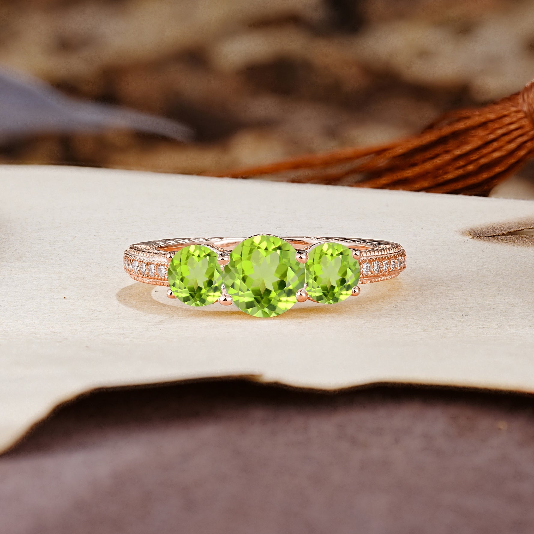 Classic Simplicity 4-Prong Round Cut Peridot Three Stones Wedding Ring - Additional view