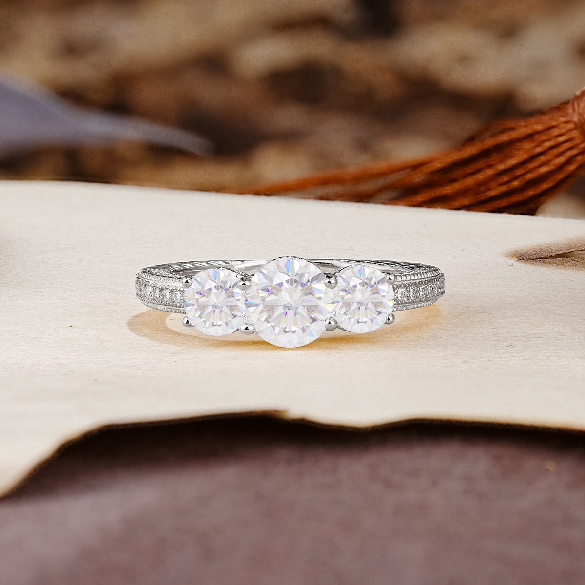 Classic Simplicity 4-Prong Round Cut Moissanite Three Stones Wedding Ring - Additional view
