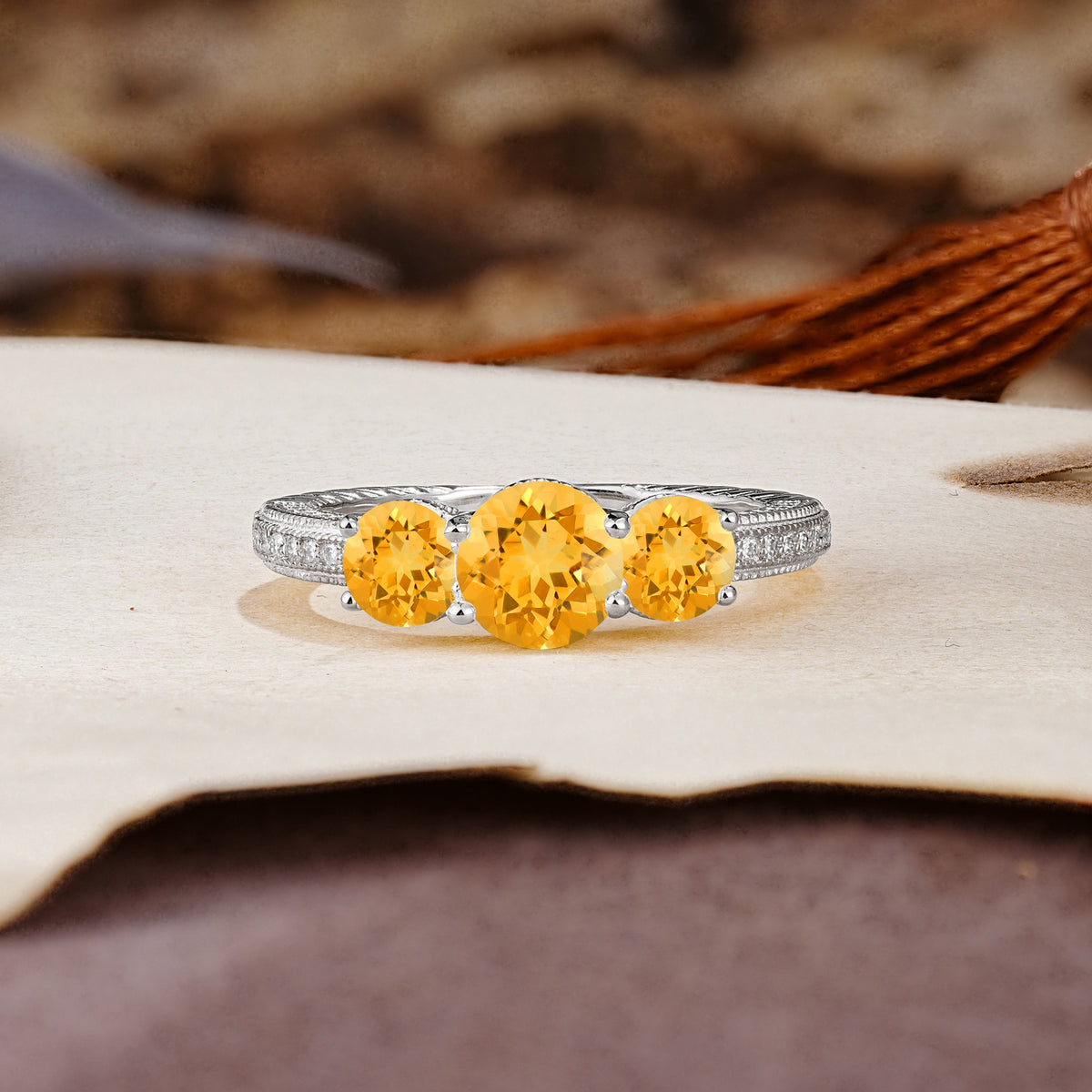 Classic Simplicity 4-Prong Round Cut Citrine Three Stones Wedding Ring - Additional view