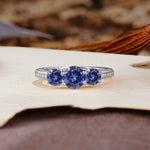 Classic Simplicity 4-Prong Round Cut Tanzanite Three Stones Wedding Ring - Additional view