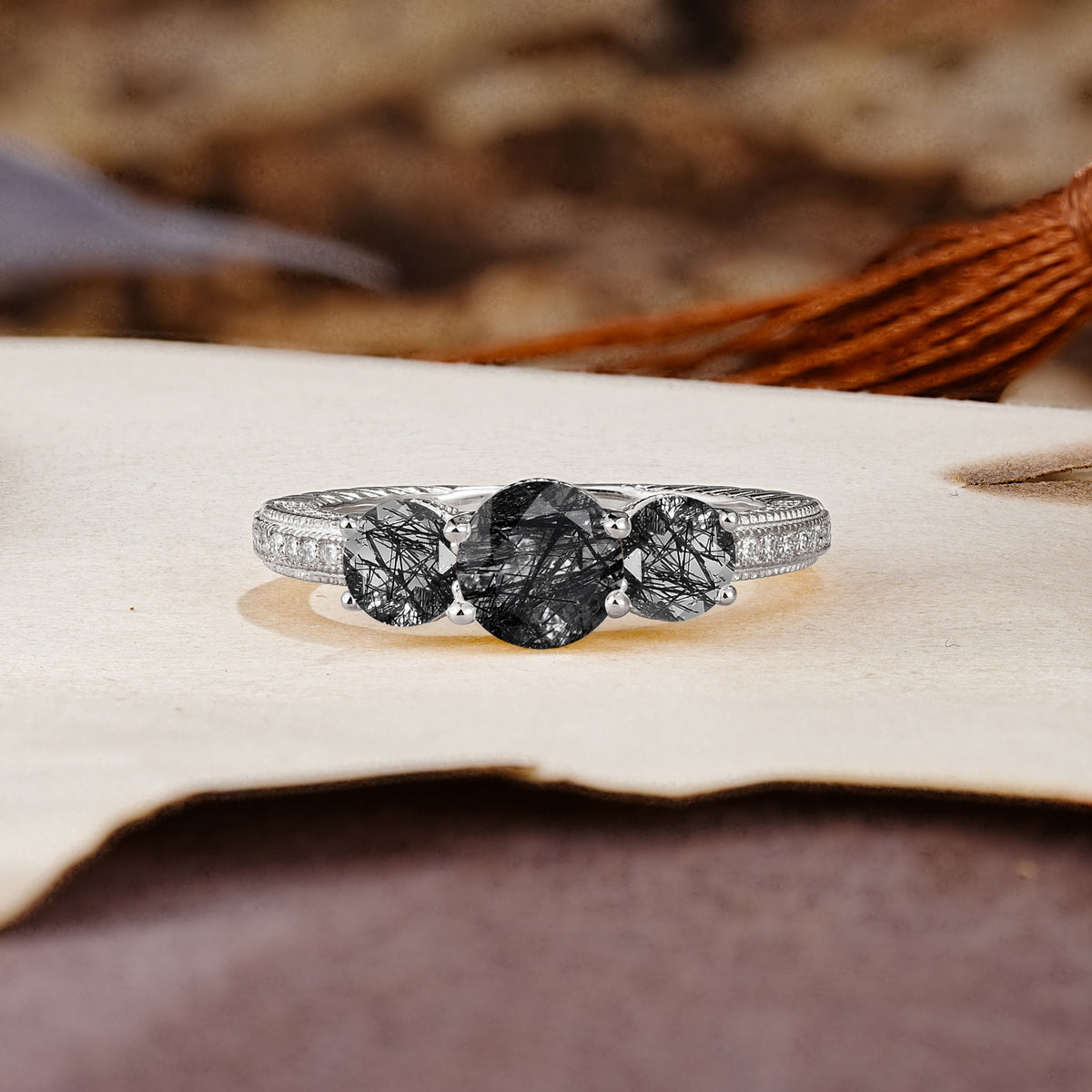 Classic Simplicity 4-Prong Round Cut Black Rutilated Quartz Three Stones Wedding Ring - Additional view