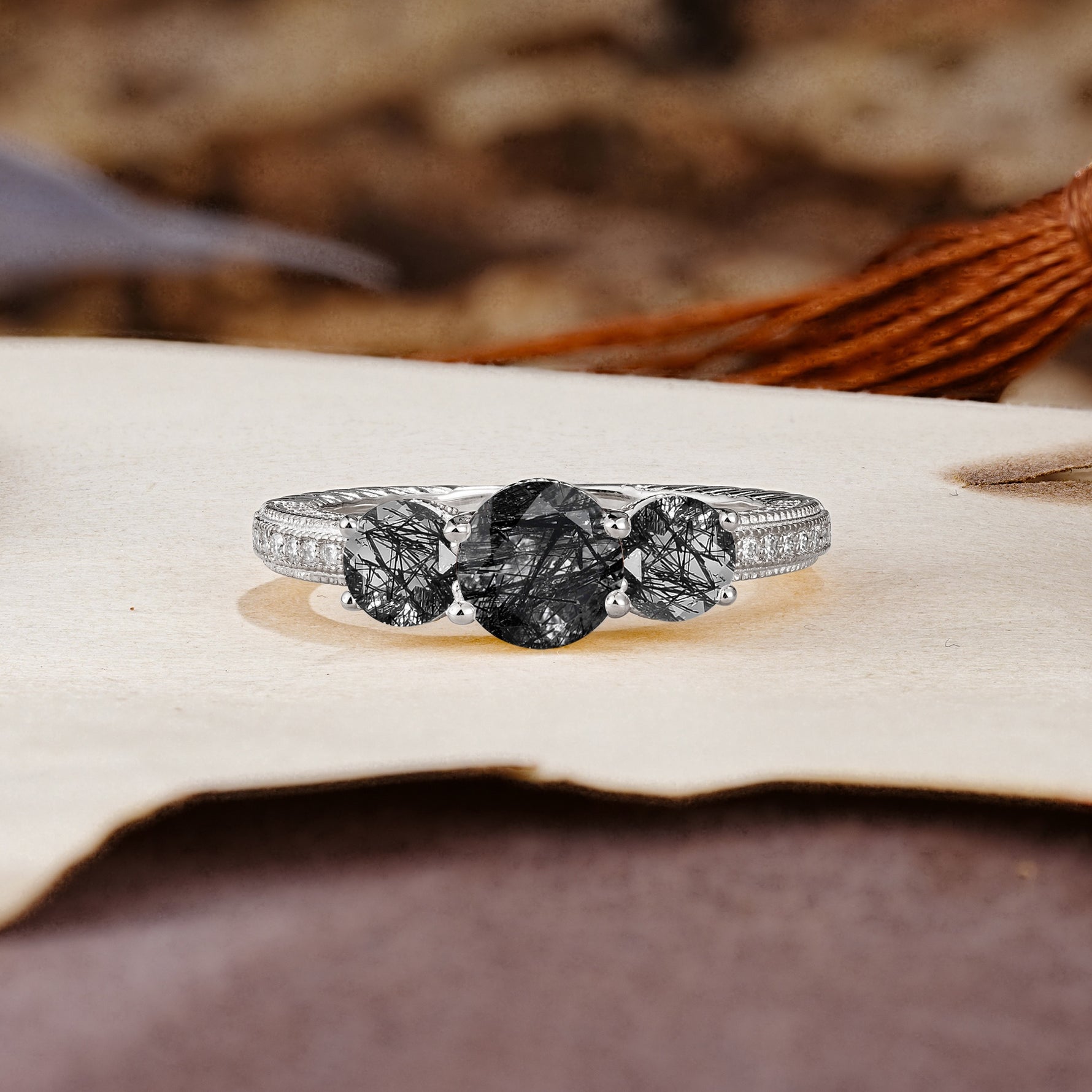 Classic Simplicity 4-Prong Round Cut Black Rutilated Quartz Three Stones Wedding Ring - Additional view